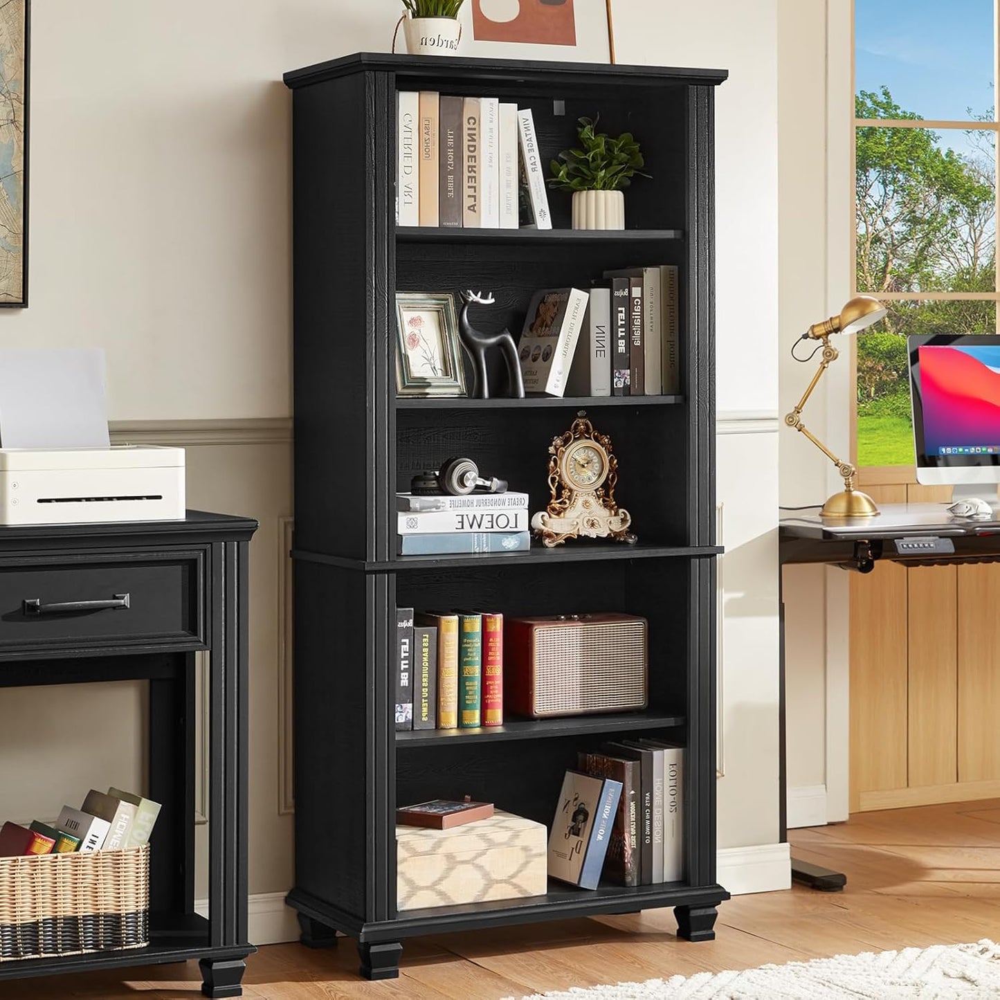 70" Tall Black Bookshelf,5 Tier Wooden Book Shelf with Adjustable Shelves & Wood Legs,Free Standing Farmhouse Bookcase with Open Display Storage,Vintage Bookshelves for Living Room, 2PCS