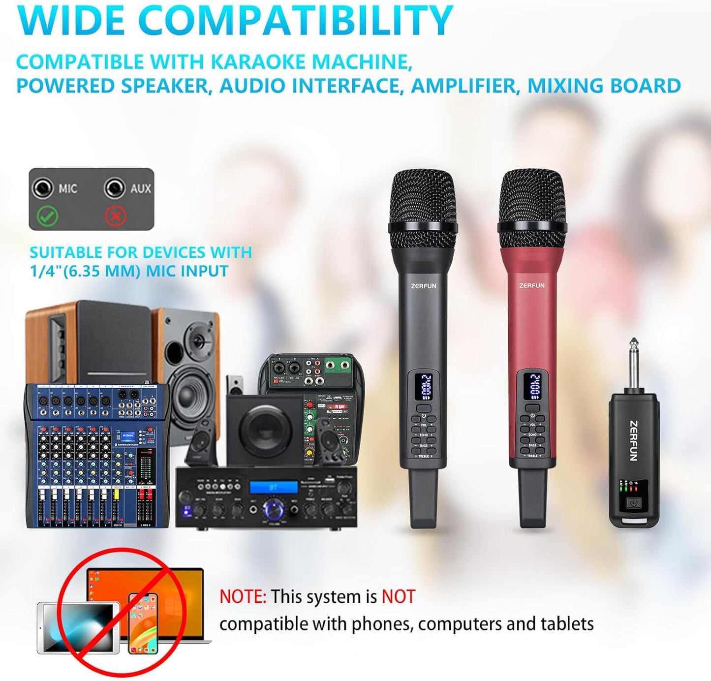 Dual Rechargeable Wireless Microphones, Pro Handheld Cordless Mics System with Echo Treble BASS VOL Control for Karaoke Singing Church Party, 1/4'' Output, Grey&Red