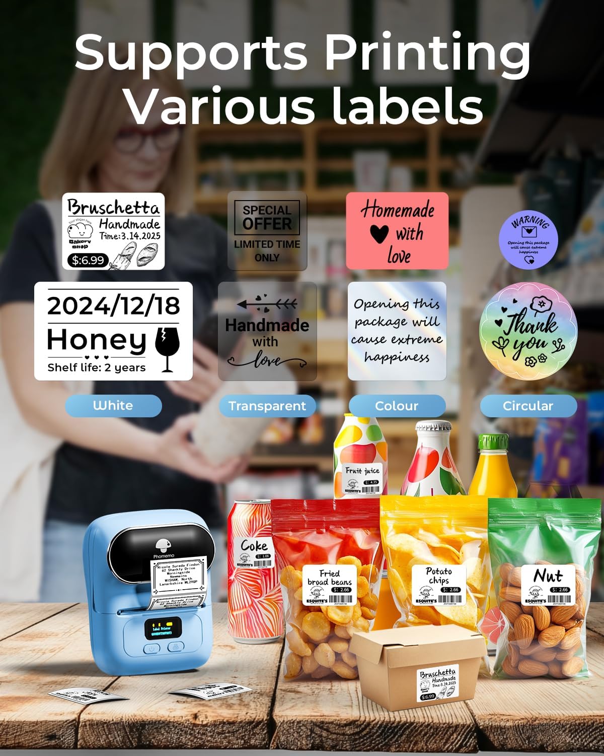 Phomemo Barcode Label Printer - M110 Label Maker Portable Bluetooth Label Maker Machine for Small Business, Barcode, Address, Logo, Clothing, Jerwery, Thermal Printer Compatible with Phones & PC, Blue