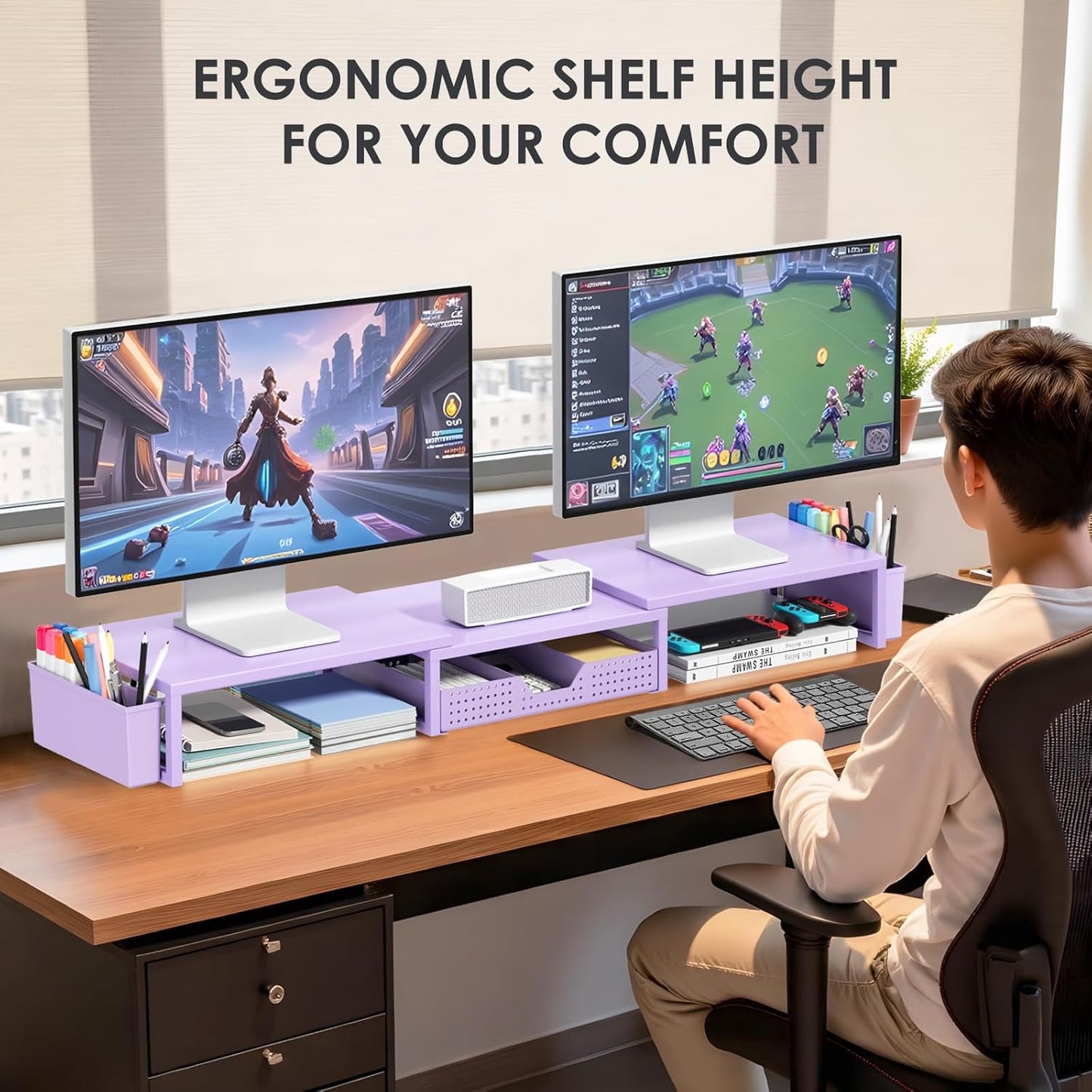 Purple Desk Organizers and Accessories, Dual Computer Monitor Stand Riser with Drawer and 2 Pen Holders, Office Desk Accessories, Workspace Desktop Organization for Office Supplies