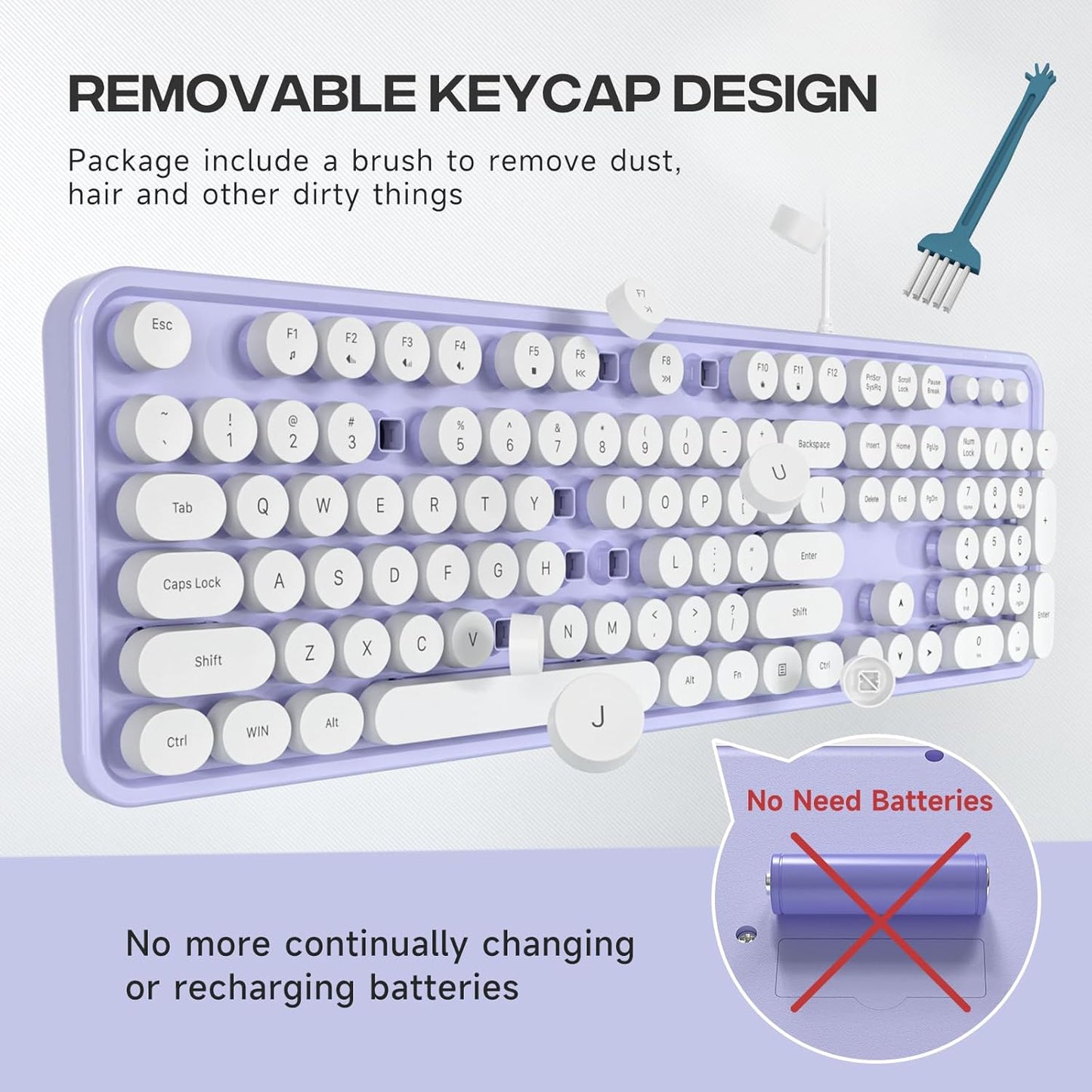 Computer Keyboard Wired, Plug Play USB Keyboard with Large Number Pad, Caps Indicators, Foldable Stands, Full Size Keyboard for Windows PC Laptop (Purple-White)
