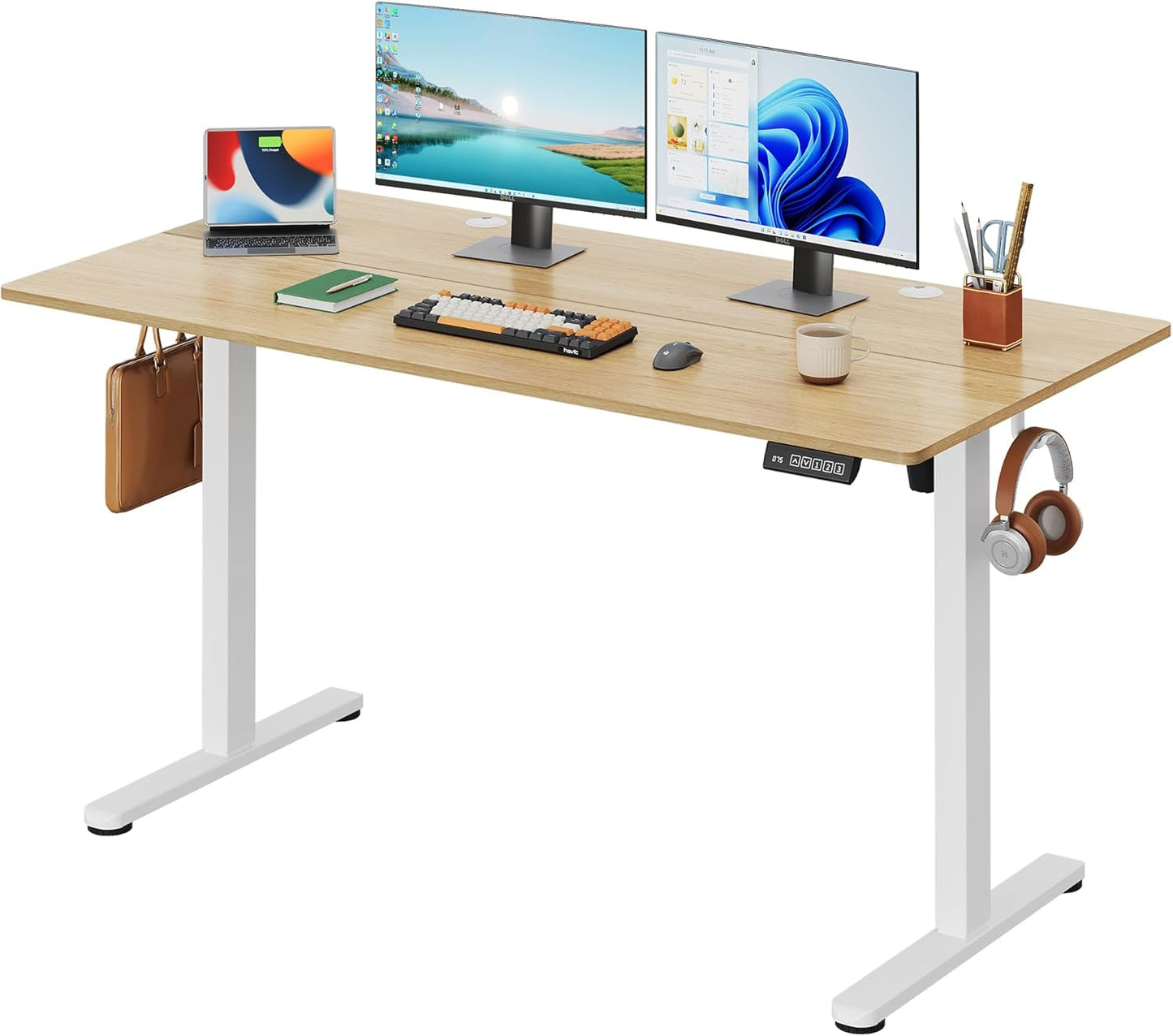 DEVAISE 55 Inch Electric Standing Desk, 3 Adjustable Height Stand up Desk for Home Office, Ergonomic Sit to Stand Desk with LED Touchscreen, Headphone Hook, 3 Memory Preset Computer Desk (Maple)