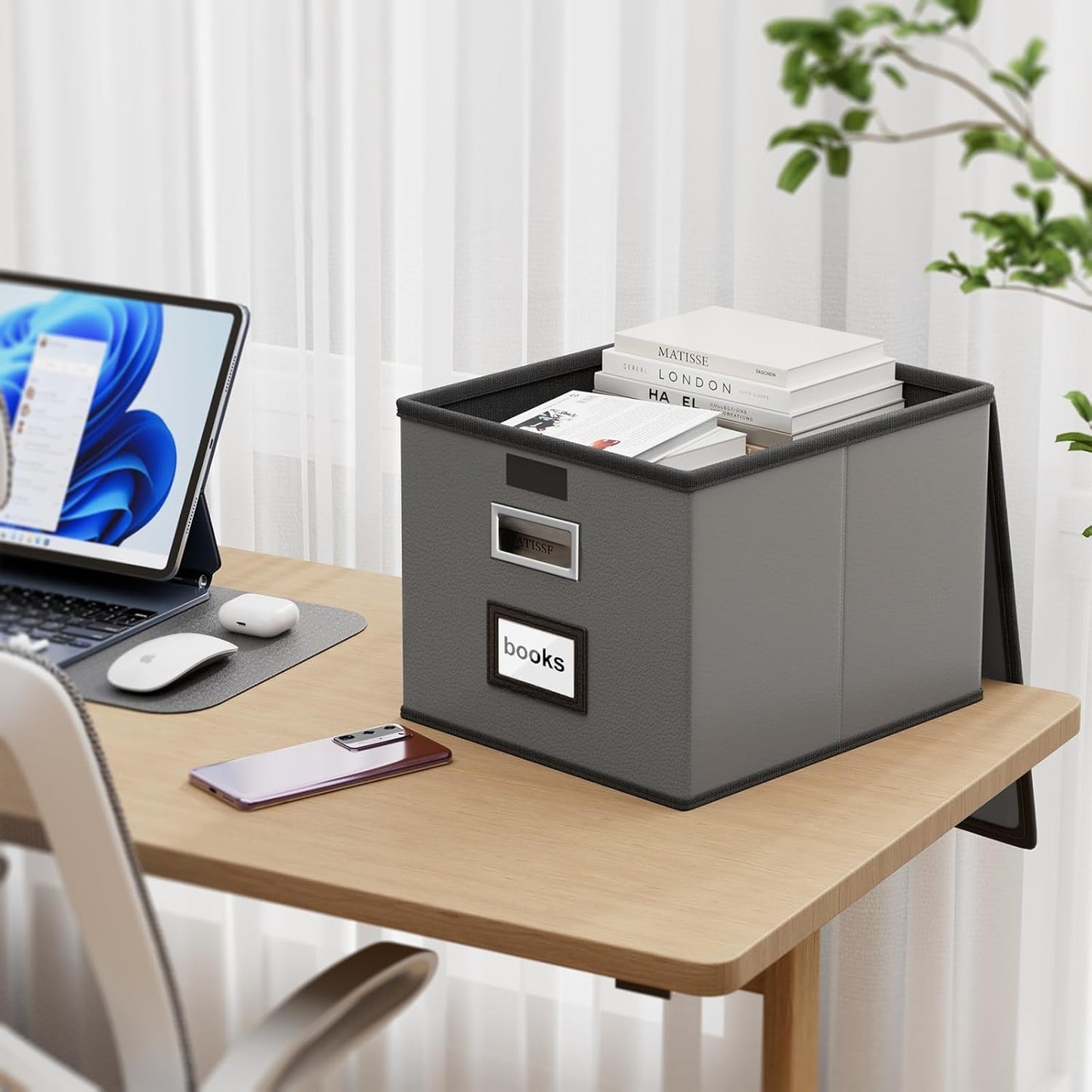 Huolewa Faux Leather File Organizer Box with Lid, Collapsible Hanging File Folder Box Organizer with Plastic Slides, Decorative Home/Office Filing System Boxes for File and Folders Storage