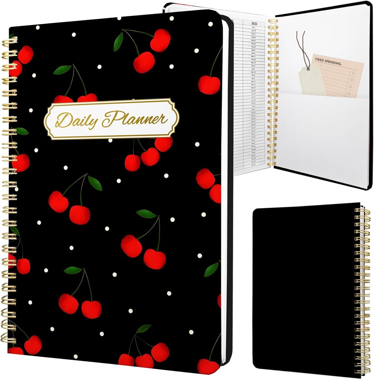 Undated Daily Planner - Spiral Notebook 80 Days One Day Per Page, Hourly Schedule, To-Do List, Notes, Everyday Planning Task, A5 Hardcover Journal Organizer Book Women Cute Aesthetic, Cherry