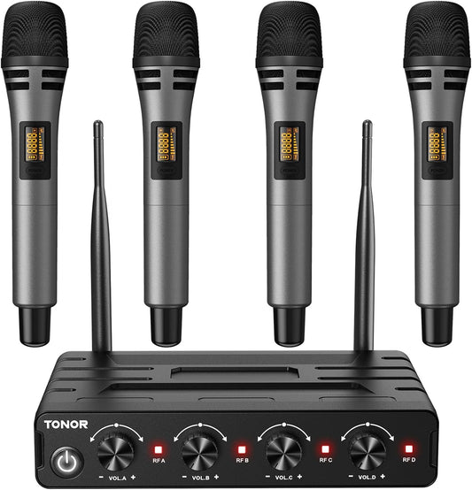 TONOR Wireless Microphones System with 4x10 Channels Cordless Handheld Microfono Inalambrico, 200FT UHF Range, Mics with Stable Signal Transmission for Karaoke Singing Party Church Wedding PA Speaker