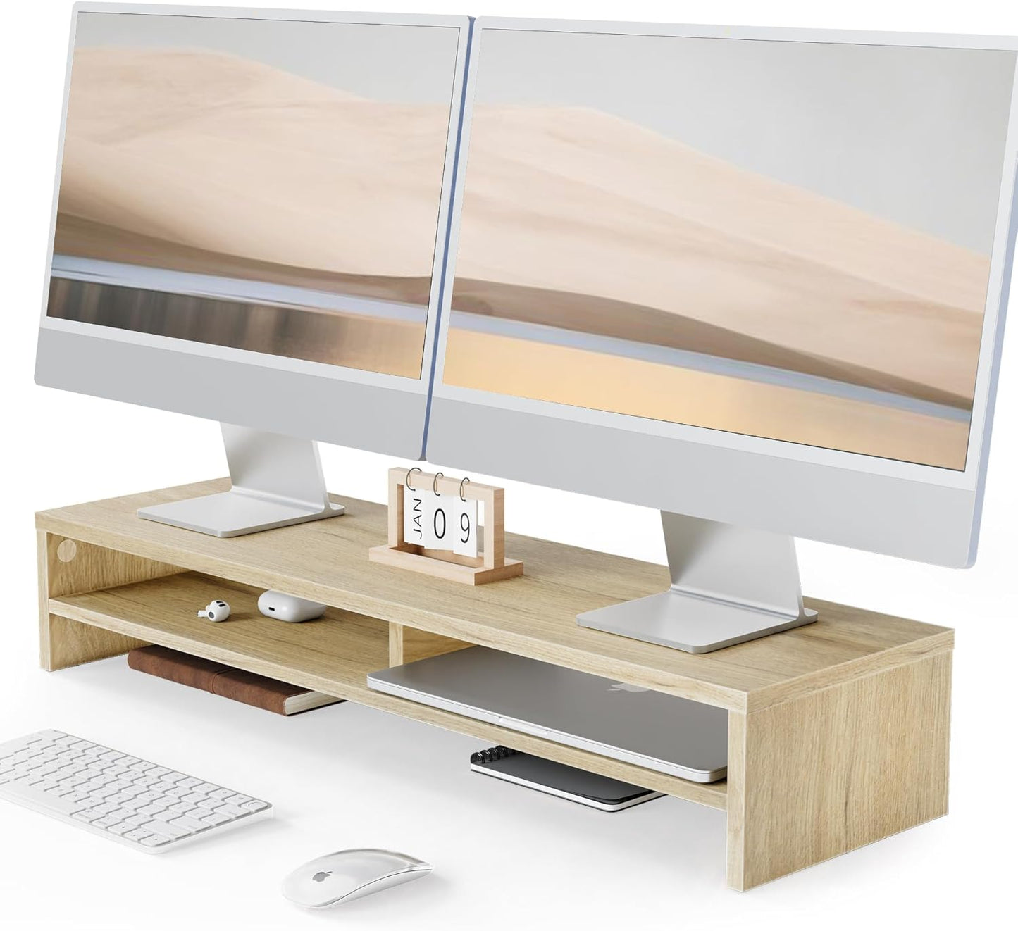 Fenge Monitor Stand, 31.5 Inch Computer Monitor Riser for Desk, 2 Tiers Wood Desk Shelf with Storage, Desktop Organizer for PC, Laptop, Screen, Printer