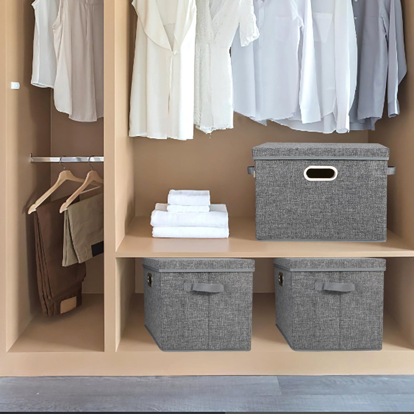 Voova Large Collapsible Storage Bins with Lids, 3 Pack Stackable Line Fabric Cube Storage Organizer, Foldable Closet Storage Boxes Baskets Containers with Cover for Clothes Bedroom Office Home, Grey
