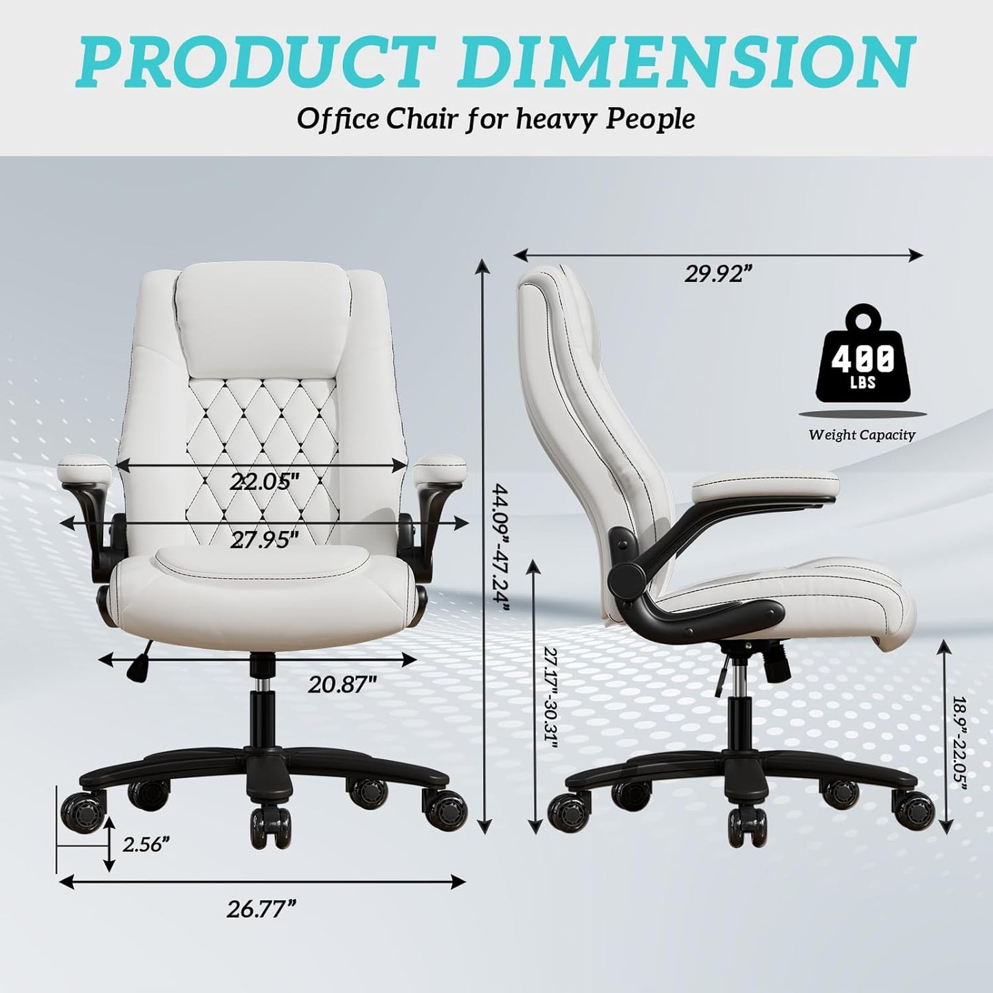 GYI O205P High Back Executive Office Chair, Big and Tall Office Chair 400LBS with Rubber Wheels,Ergonomic Adjustable Computer Desk Chairs with Padded Flip-up Armrests,Lumbar Support (White)