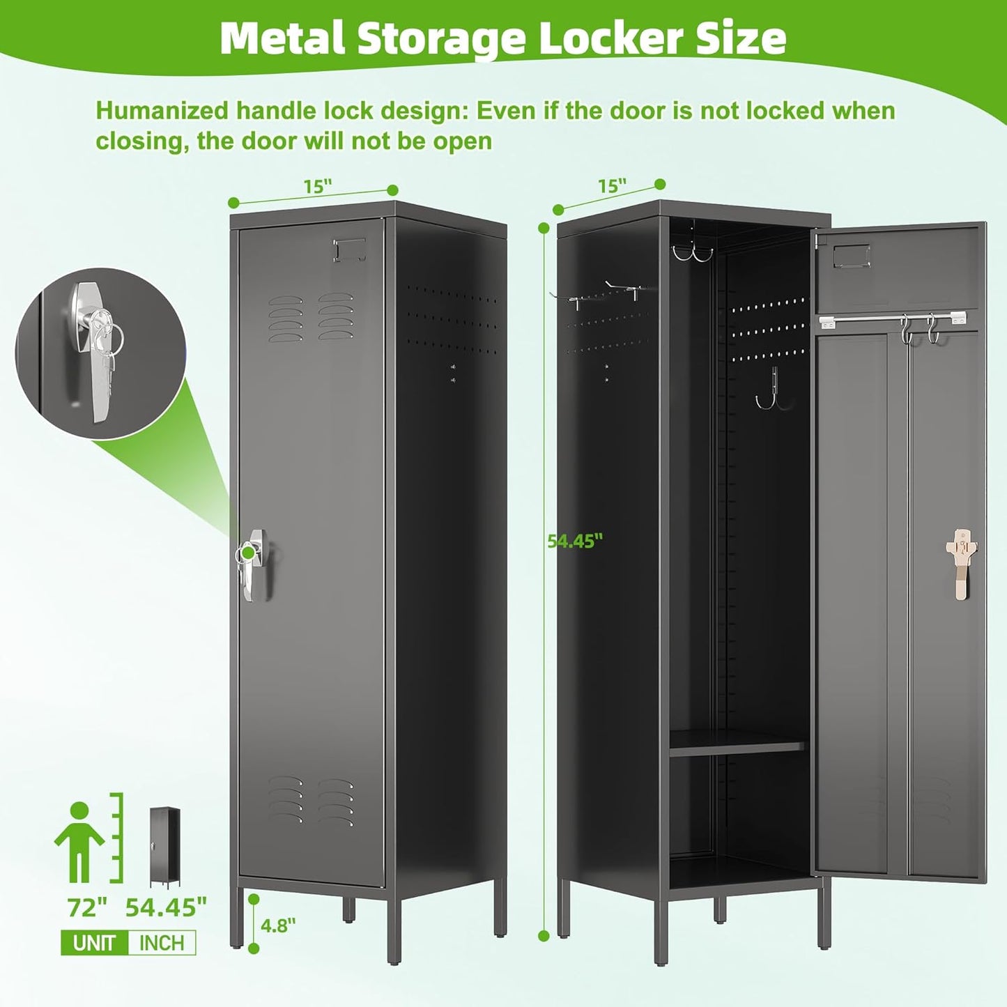 1 Door Metal Storage Locker with Handle and Hanging Rod,Metal Locker for Employees with Pegboard and Hooks for Gym, School, Office,Home,Garage,Grey,Assembly Required,Black