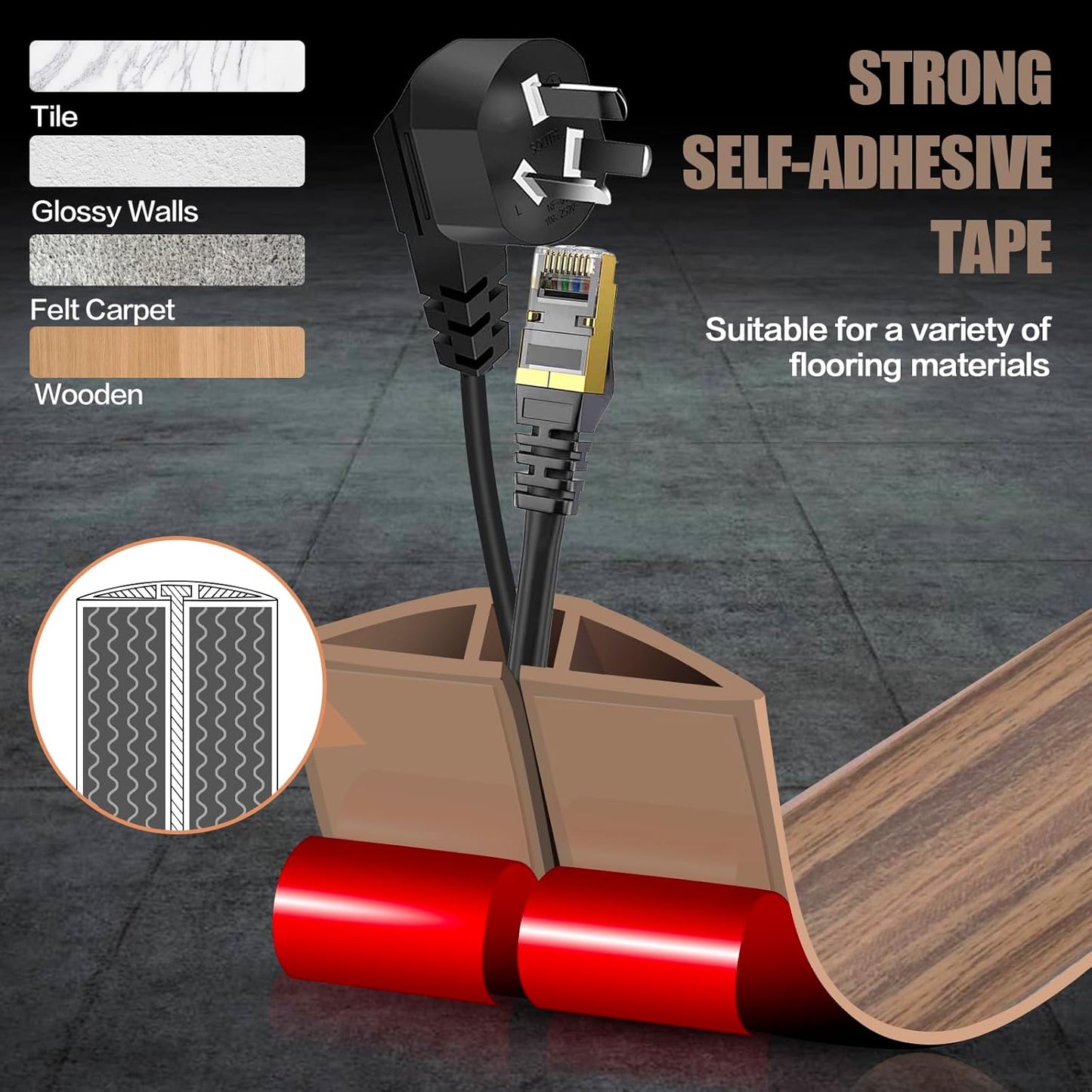 Floor Cord Cover Self Adhesive Cord Hider,10FT Cable Management, Extension Strip Protector for Wires, Prevent Cable Trips for Offices, Gyms, Exhibitions Cavity:0.3"(W) x0.28(H) Woodsmokedbrown