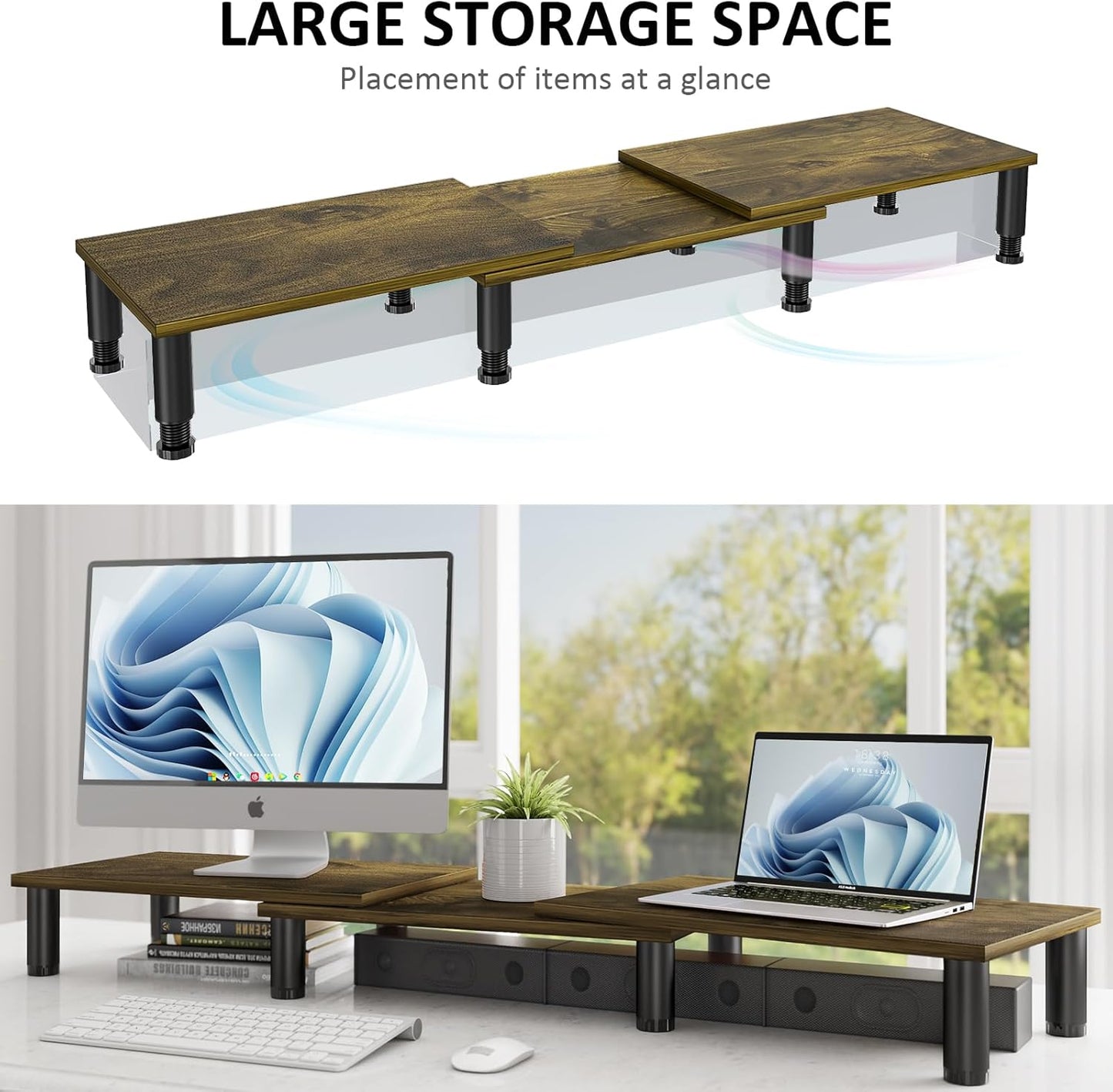 AX WABER Dual Monitor Stand Riser, Monitor Stand with Adjustable Length and Angle, Wood Monitor Stand for Desk, Monitor Riser for 2 Monitors with Storage Space