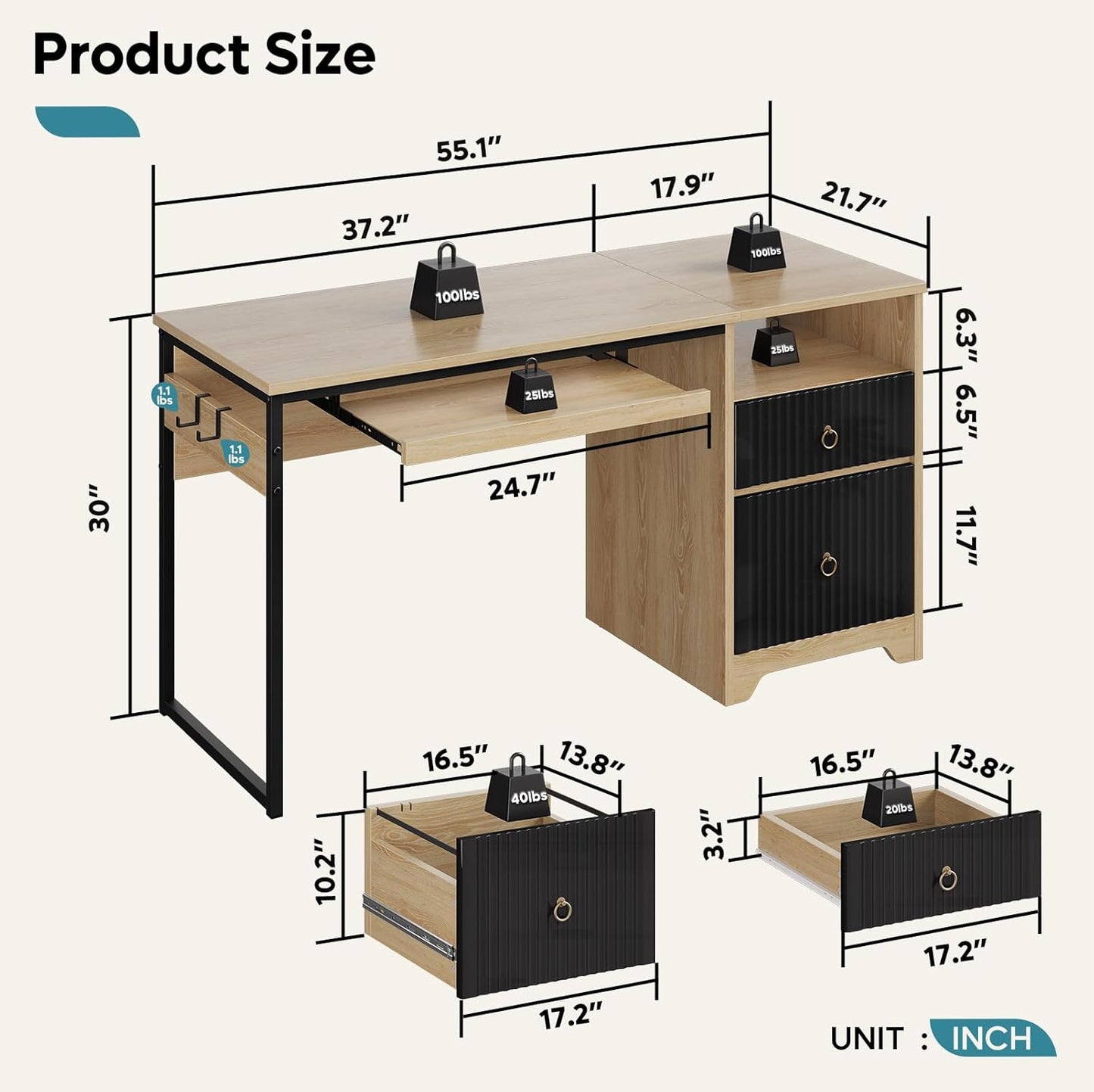 Bestier 55 Inch Computer Desk with Keyboard Tray, Modern Office Desk with Storage, Wood Writing Desk with File Drawer, Fluted Panel & 2 Hooks for Home Office & Studio, Natural Oak