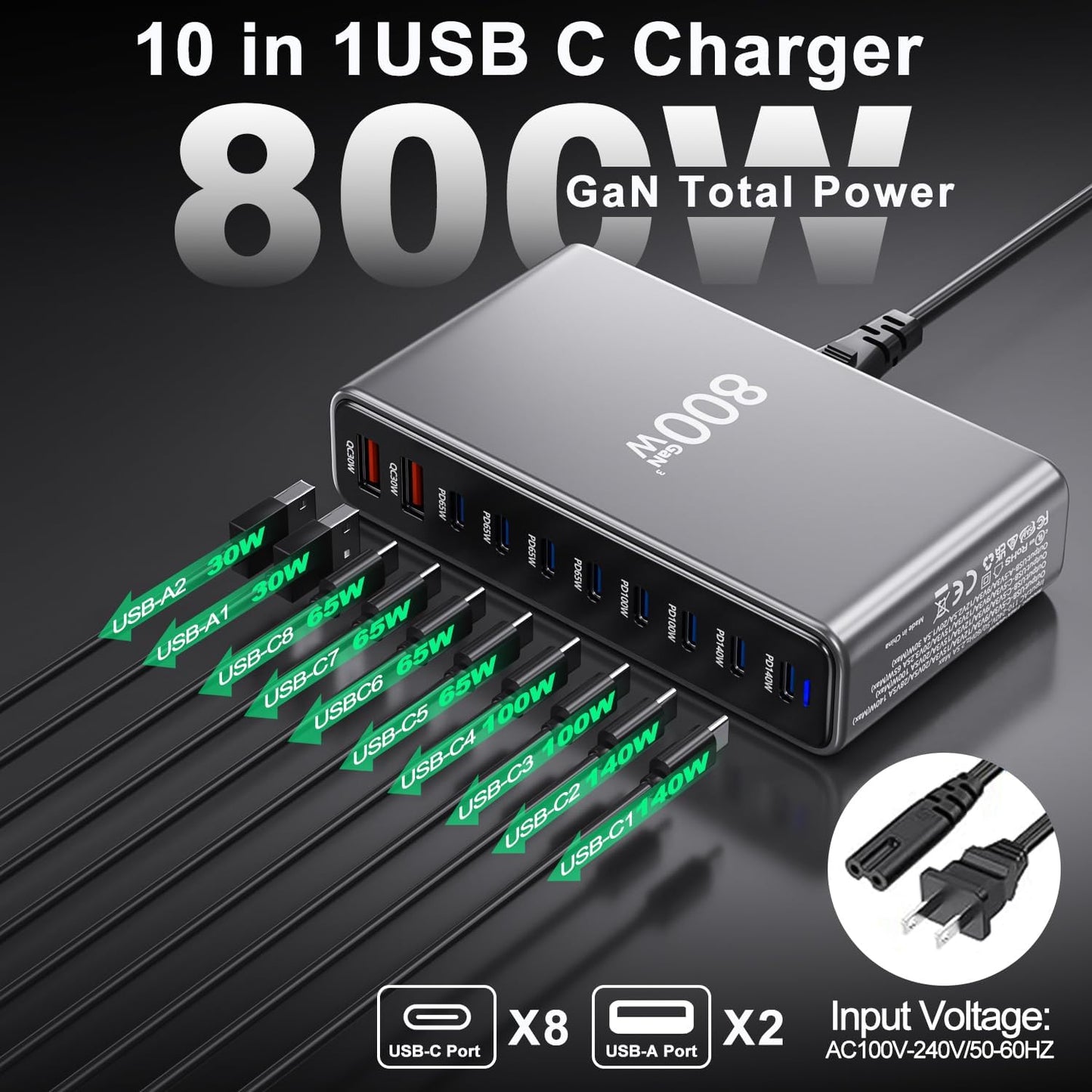 USB C Charger Station 800W GaN USB C Charging Block, 10-Port Fast Charger Hub with Multiple Power Outputs, Compatible with Laptop, MacBook, iPad, iPhone 16/17/15/14/13/Pro Max, Samsung Galaxy S24 S23