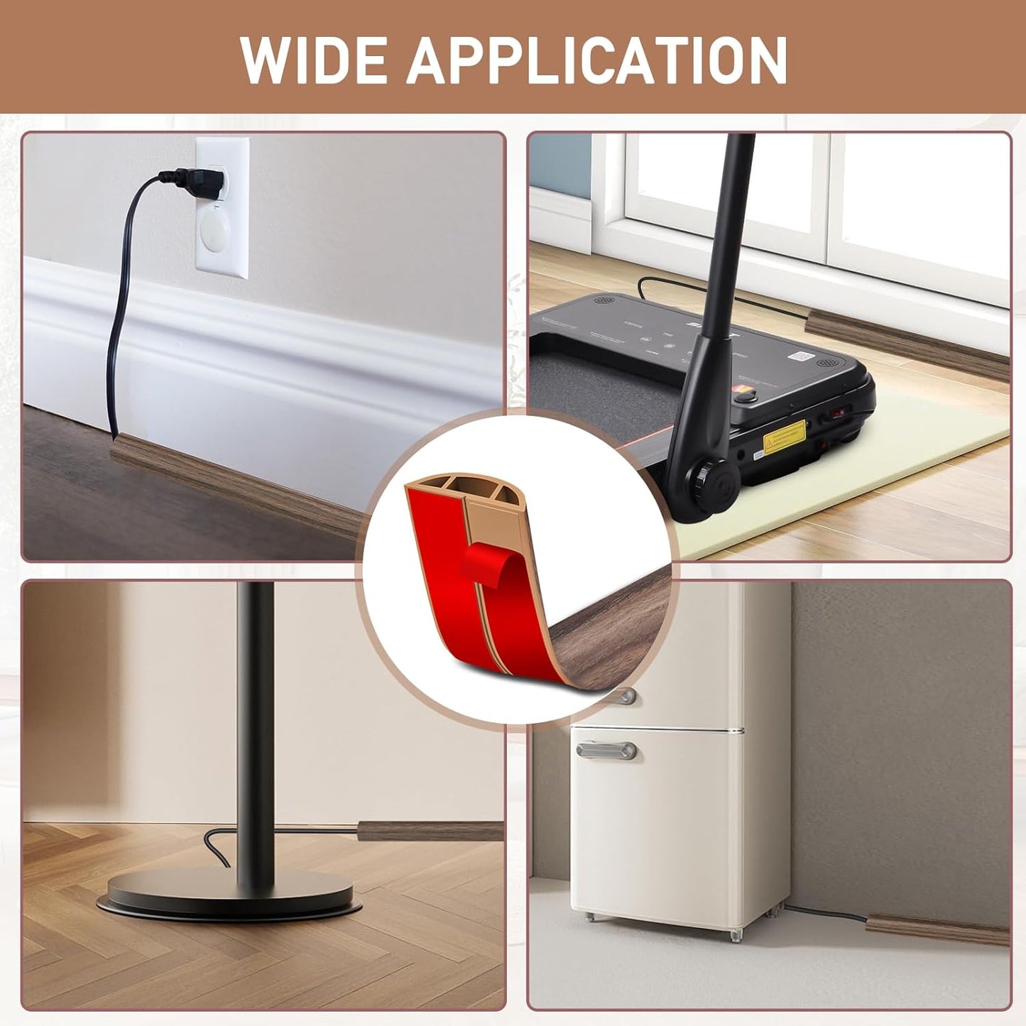 Floor Cord Cover Self Adhesive Cord Hider Floor Extension Cord Covers for Floor Power Cord Protector Cable Management Prevent Cable Trips Cable Cavity 0.47" W x 0.27" H (Smoked Brown Wood, 3.3Ft)