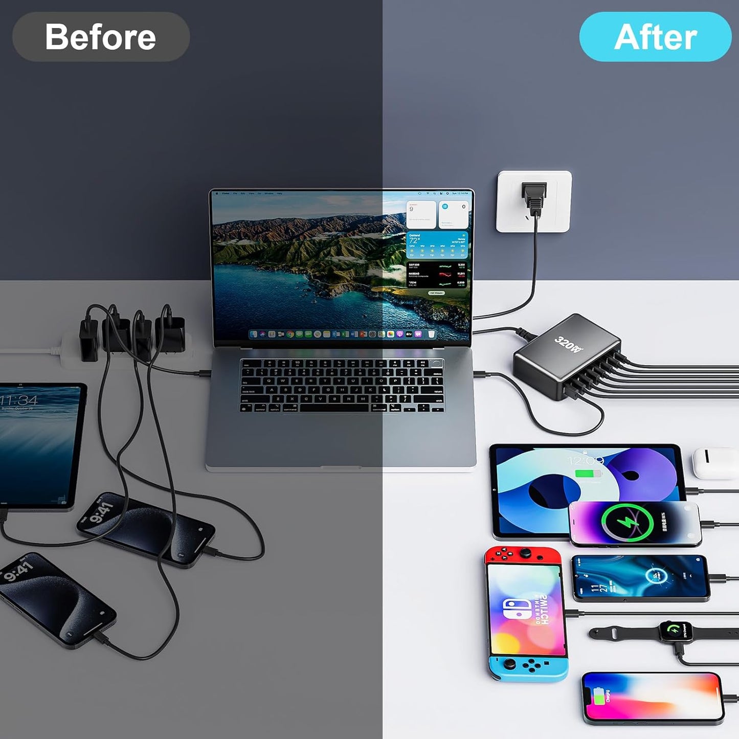 320W USB C Fast Charger Block, 8 Port USB Charging Station, GaN Ⅲ Pro 100W PD PPS Port Fast Charging Station Hub, Laptop Wall Charger Compatible with MacBook, iPhone 17, iPad, Android Devices etc