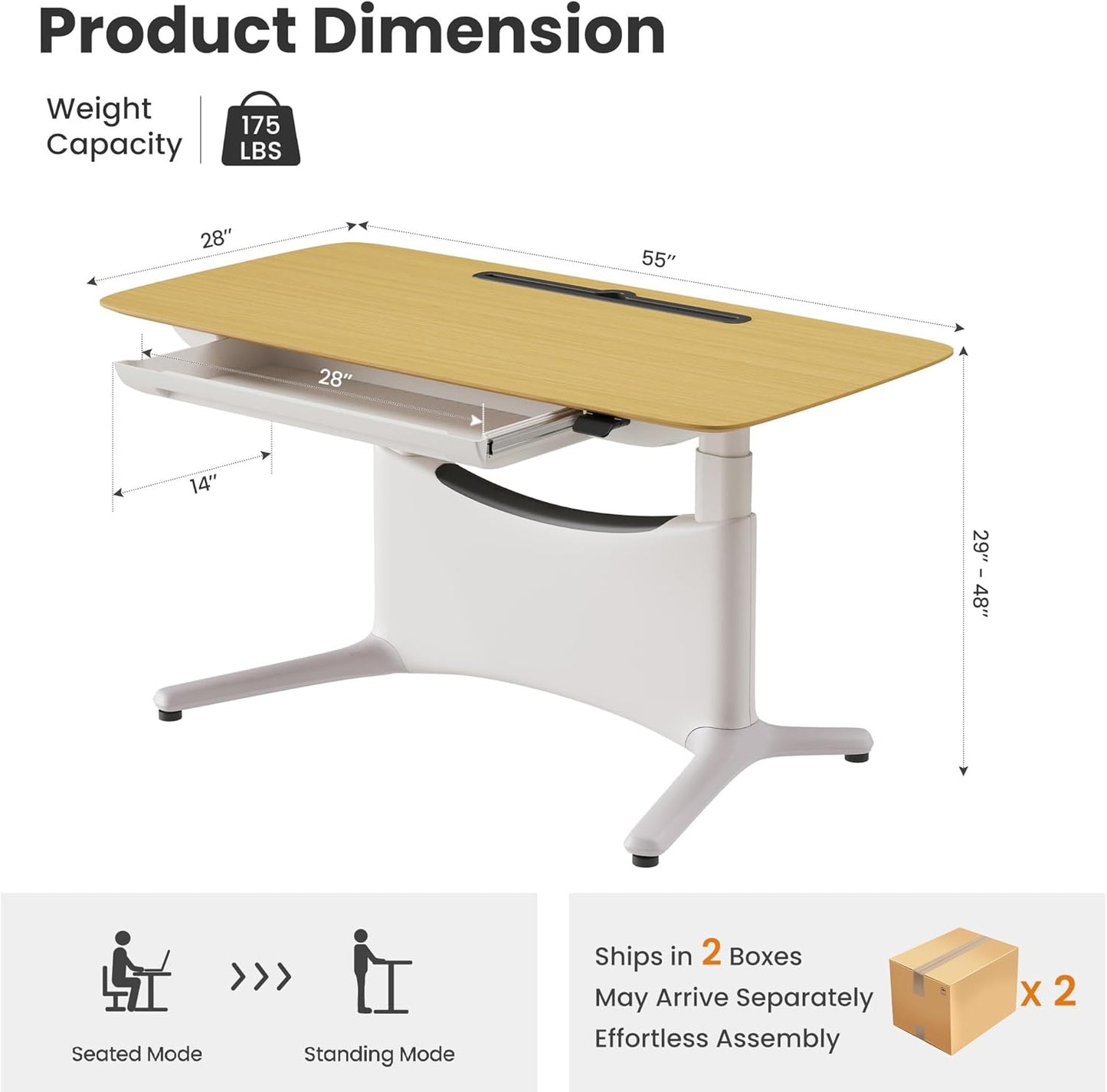 COLAMY Electric Standing Desk, Whole-Piece Gaming Desk with Dual Motors, Ergonomic Footrest, Drawers for Storage, Adjustable Height Sit-Stand Desk for Home Office (Veneer Desktop, Oak + White)