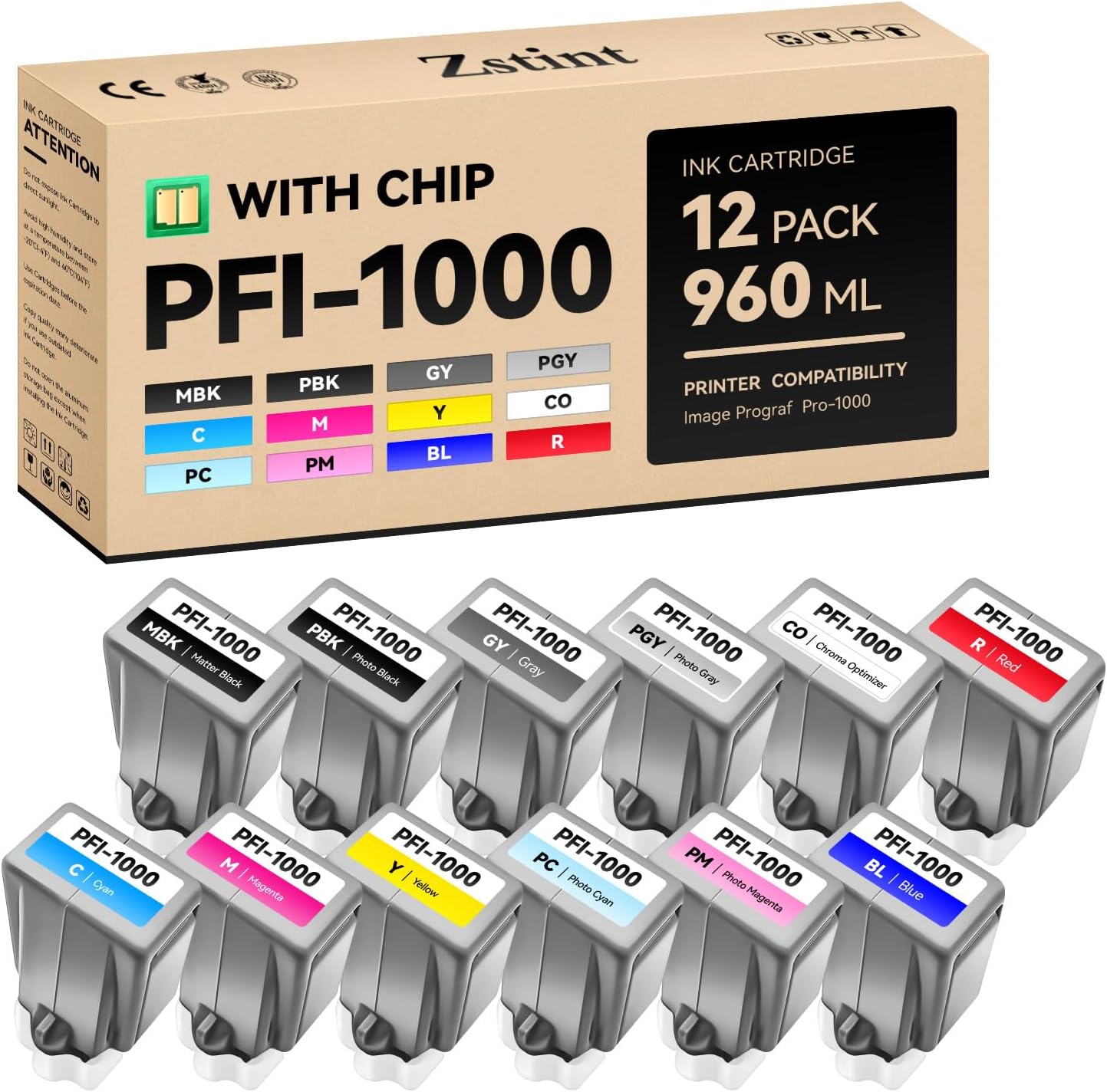 PFI-1000 Ink Tank set 12-Pack 80ml High Capacity with Chip Replacement for Canon PFI-1000 PFI1000 Ink Cartridges Compatible for Canon ImagePROGRAF PRO-1000 Printer Photographic Inkjet Color Twelve Ink