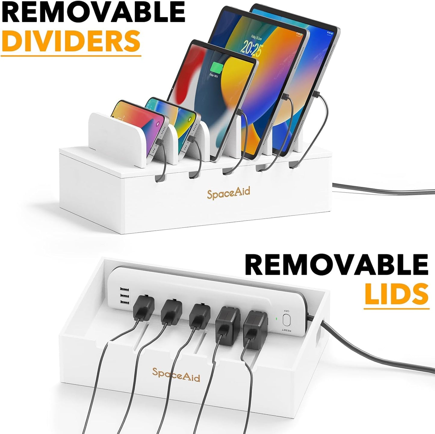 SpaceAid Bamboo Charging Station for Multiple Devices, Cell Phone Docking Stations for Multi Laptop, Tablets and iPads, Nightstand Bedside Desk Device Charger Organizer (White)