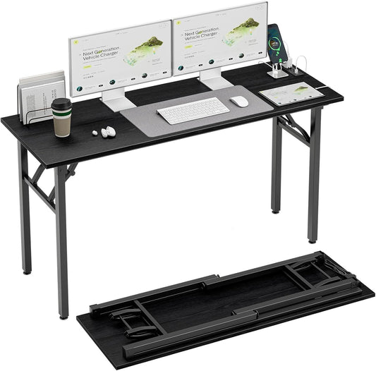 TEMI Long Computer Desk Folding Table - No Assembly, Compact 55.1" Foldable Desk with Power Outlets & USB Charging Port, Portable Lagre Office Desk, Study Table for Narrow Spaces, Dark Oak