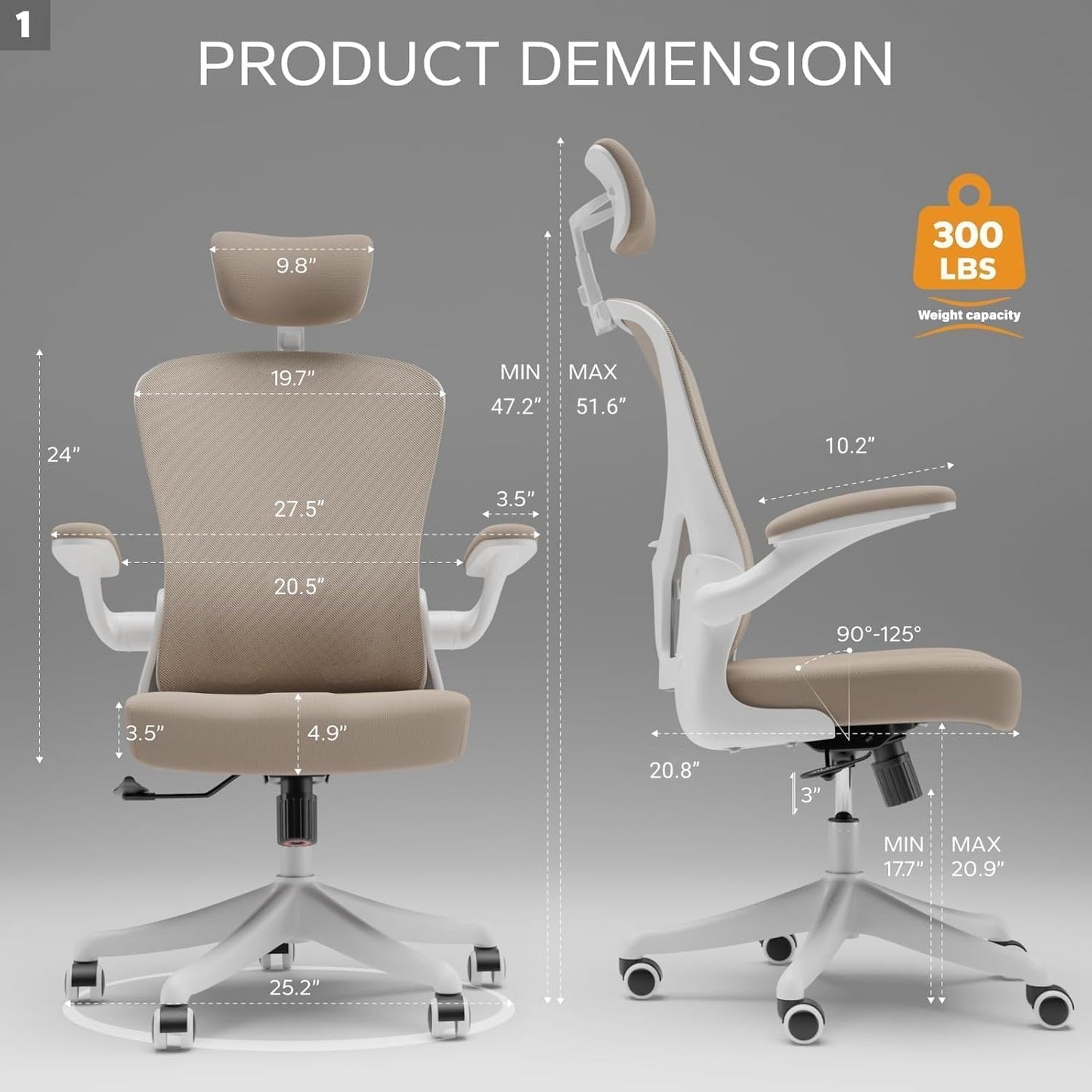 Ergonomic Office Chair with Adjustable Lumbar Support & Flip-Up Armrests - High Back Computer Desk Chair with Thickened Seat Cushion, Rolling Wheels for Home/Office Study Work
