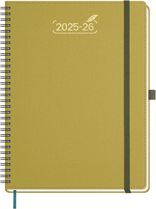 BEZEND Weekly Planner 2025-2026 with 2 Columns, 8.5" x 11" Academic Calendar 18 Months (Jul 25-Dec 26) Life Work Appointment Book with Monthly Tab, PU Leather Softcover Spiral - Mustard