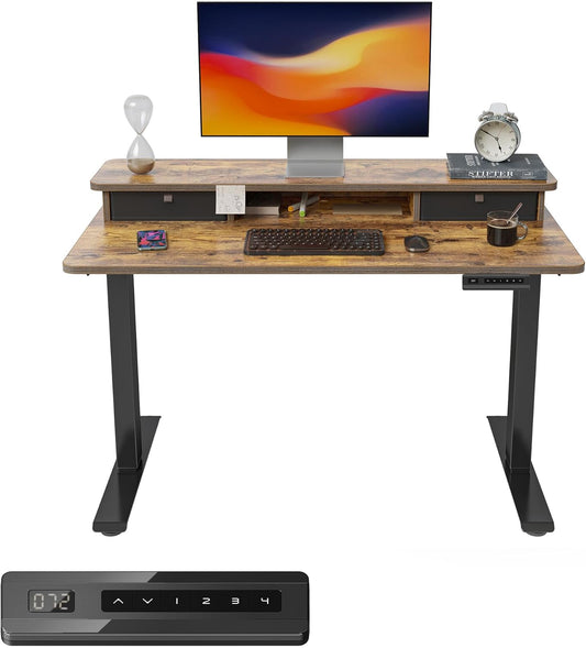 FEZIBO 40 x 24 Inch Height Adjustable Electric Standing Desk with Double Drawer, Computer Desk, Home Office Stand Up Table with 4 Height-Adjustable Feets & 2 Hooks, Rustic Brown