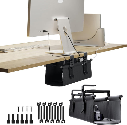 Original No Drill Under Desk Cable Management Tray 14.1" - Premium Black Fabric Cable Management Under Desk - Clamp/Screw Mount Cord Organizer - Supports Upto 66lbs