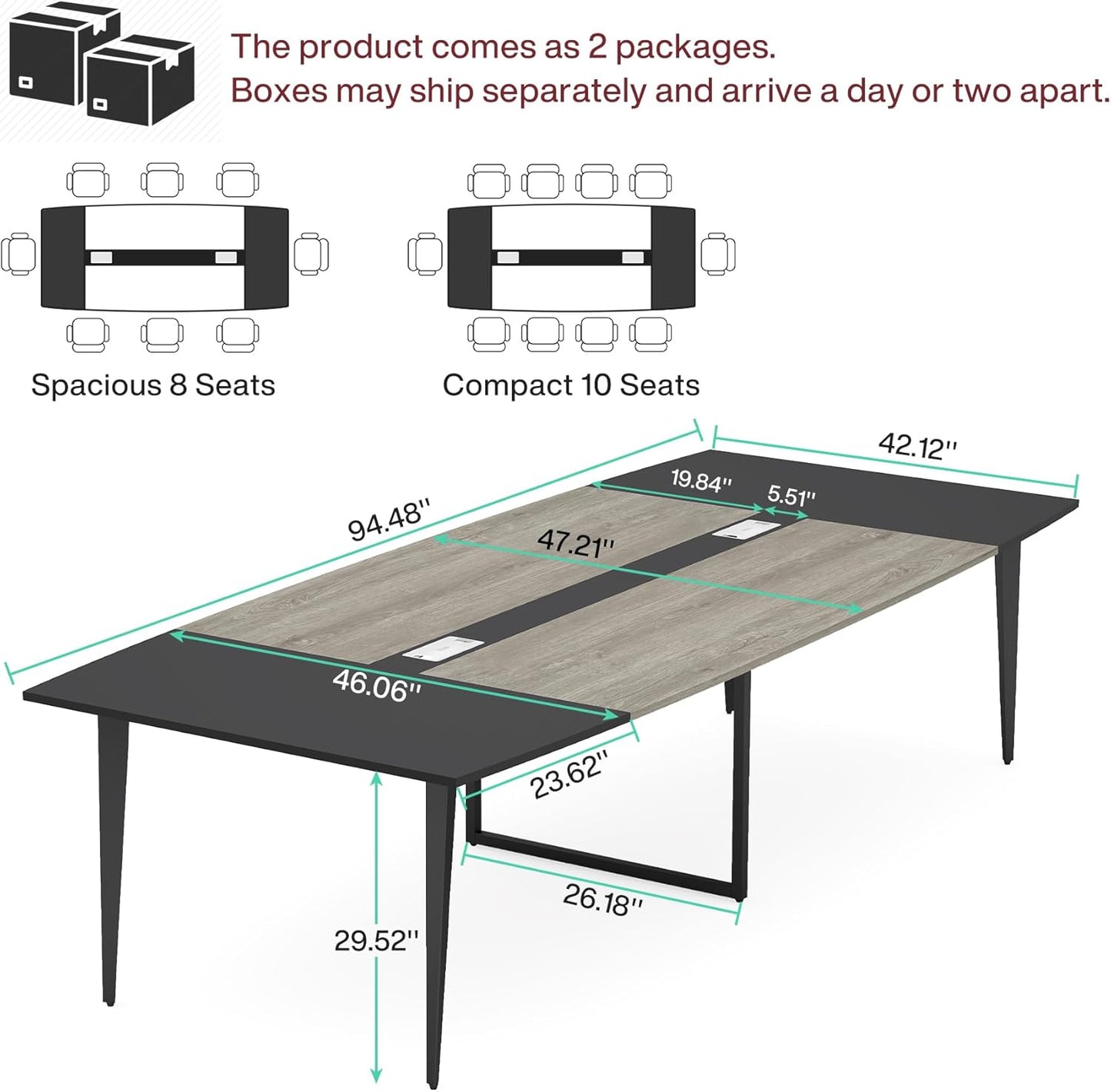 Tribesigns 8FT Conference Table, 94.48L x 47.21W x 29.52H Inches Boat Shaped Meeting Table with Rectangle Grommet, Modern Seminar Boardroom Table for Office Conference Room (Grey & Black, 8ft)