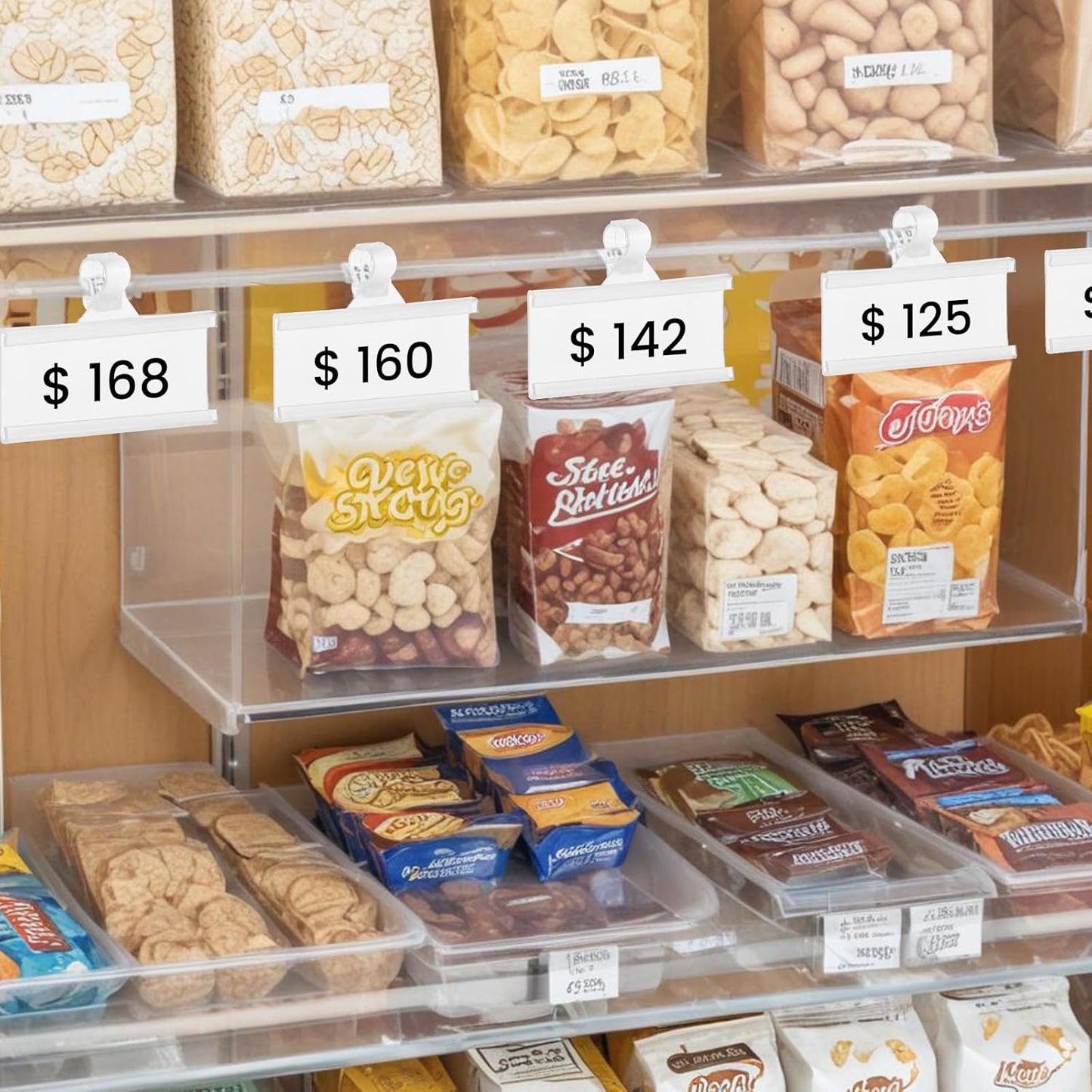 100 Pcs Reusable Plastic Wire Shelf Label Holder, for Pantry Retail Shopping Mall Store, Supermarket UPC Price Card & Ticket Display, Strong & Easy Clip Design Tight Snap Lock Closure. 1-1/4" H X 3" W