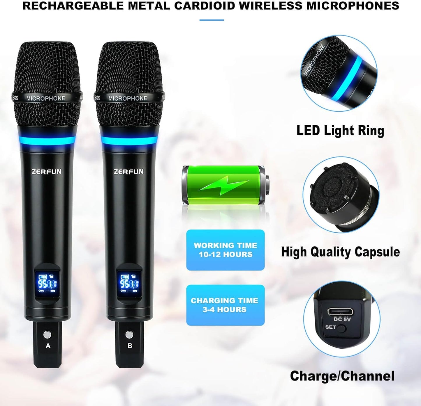 Pro Rechargeable Wireless Microphone System 4 Channel, UHF Metal Handheld Wireless Microphones Cordless Mics with VOL Control, 4x50 Adjustable Frequency for Karaoke Singing Church(G8)