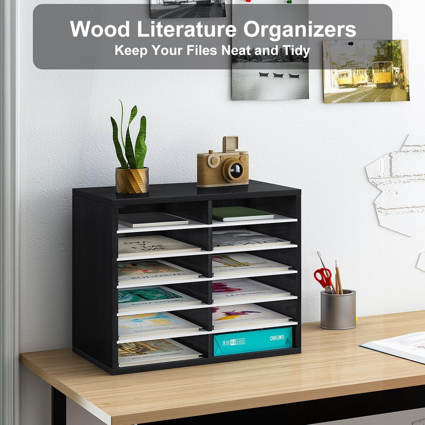 PAG Countertop Mail Sorter Organizer, Wooden Literature Organizer, Student Mailbox for Classroom, Desktop Bill Organizer for Office Home School, 12 Compartments, Black&White