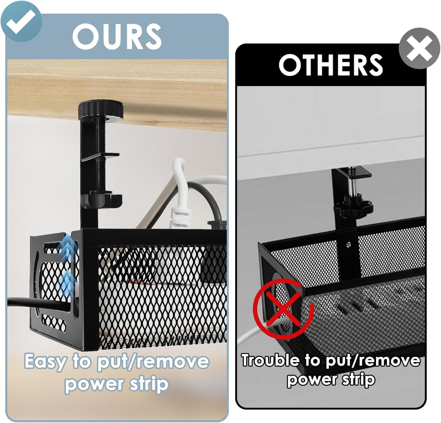 Cable Management, 25'' Cable Management Under Desk No Drill, Metal Cord Organizer with Clamp for Standing Desk, Cable Organizer for Home Office, Black