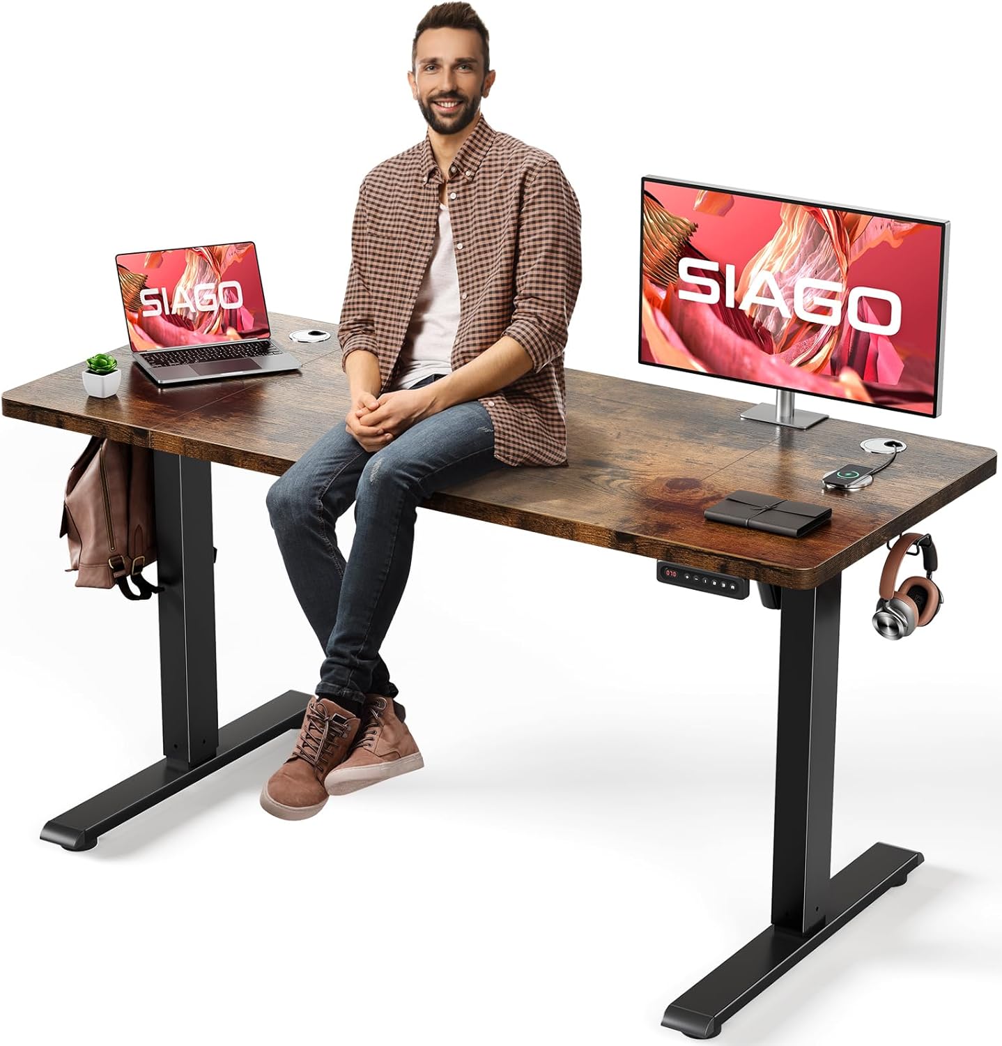 SIAGO Electric Standing Desk Adjustable - 55 x 24 Inch Sit Stand up Desk with Cable Management - 3 Memory Preset Adjustable Height Table