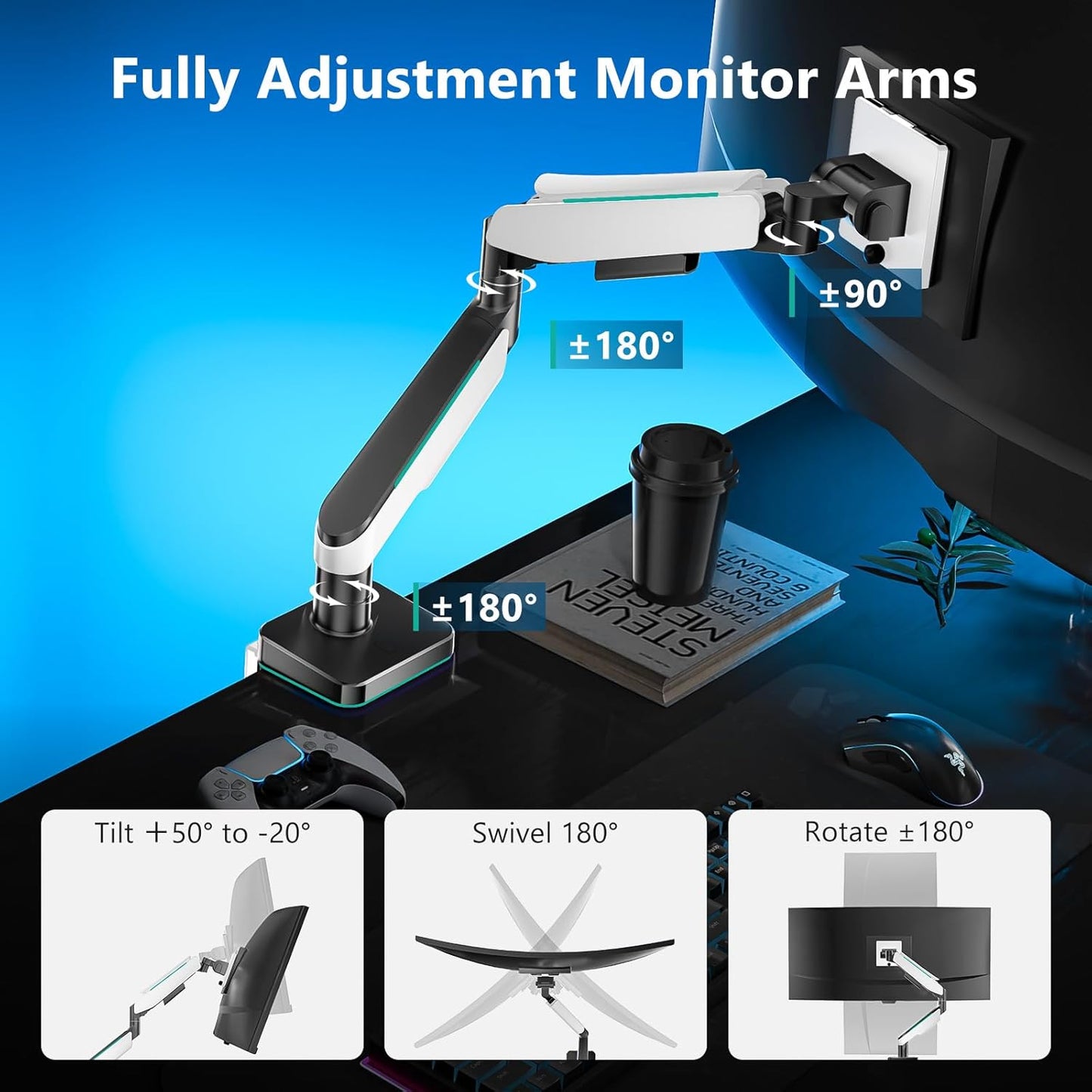 WALI Heavy Duty Monitor Arm, Monitor Stand for Screen up to 49 inch, 44 lbs, Aluminum Ultrawide Computer Mount for Samsung Odyssey G9, Adjustable, Mounting Holes 75 and 100 (GAM001XL), White