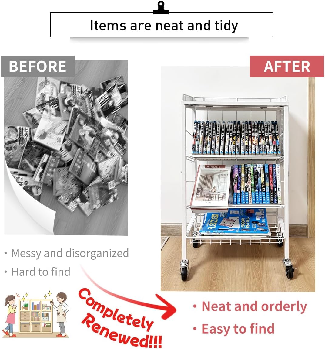 Lumizone Foldable Book Cart 6-Tier Large Capacity Bookshelf Single Sided V-Shaped Sloped Shelves With brake Wheels With PegBoard Slim Rolling Utility Cart Storage Rack, Home Shelves and Office (Black)