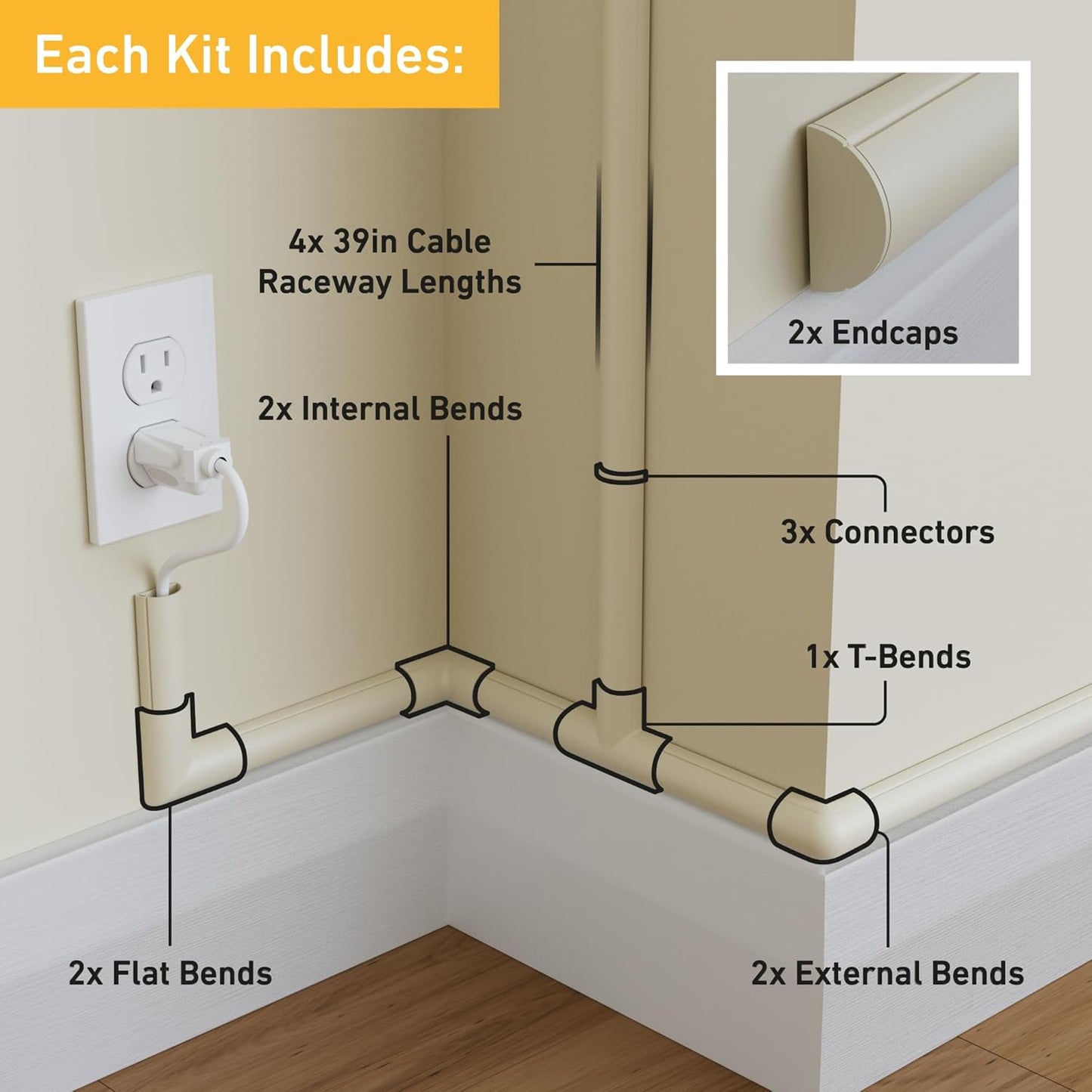D-Line 13.12ft Cord Hider Kit, Patented Cable Cover, Hide Wires on Wall, Channel for TV Mount Cords, Raceway Wire Hiders, Paintable, Adhesive, Half Round, 4X 1.18in W x 0.59in H x 39in Lengths, Beige