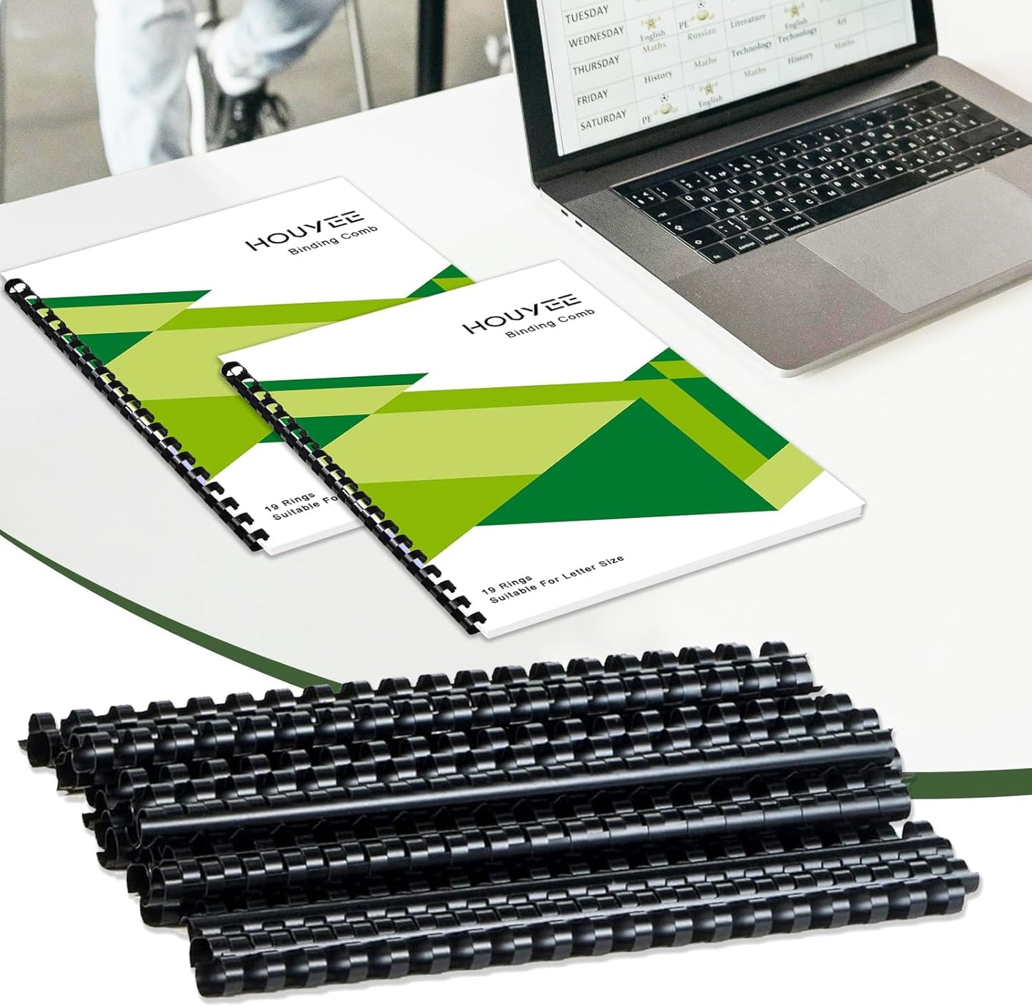 HOUYEE 100 Pack 3/8 Inch Plastic Binding Comb 19 Ring, 60 Sheet Capacity, Black Comb Binding Spines for Letter Size Paper