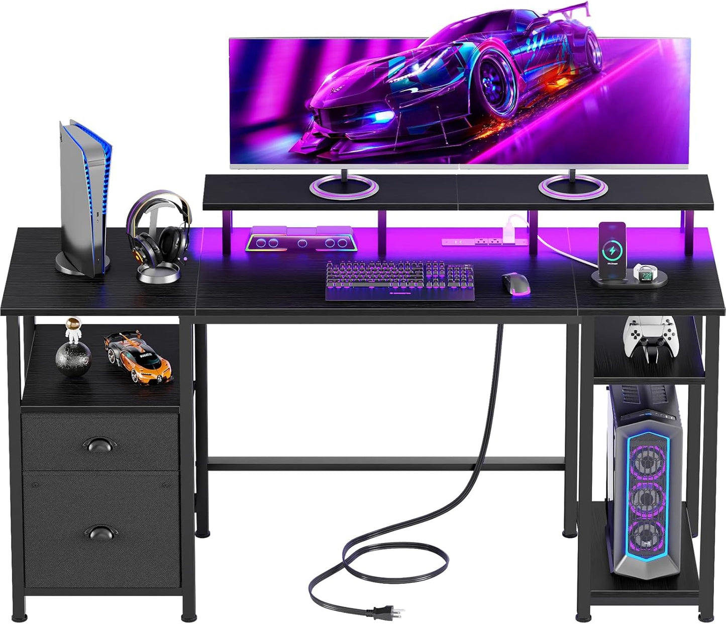 Furologee 61" Gaming Desk with Power Outlets & LED Lights, Reversible Computer Desk with File Cabinet & Monitor Stand for Home Office, Large Work Table with Storage Shelves & Drawer, Black