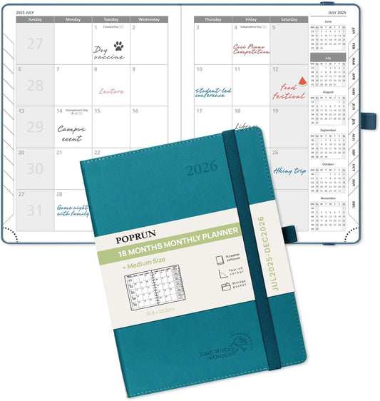 POPRUN Monthly Planner 2025-2026 (Medium- 6.5'' x 8.5'' Soft Cover), 18-Month Calendar Book (Jul.2025-Dec.2026), Calendar Planner with Monthly Tabs & Pocket, 100 GSM Paper - Pacific Green