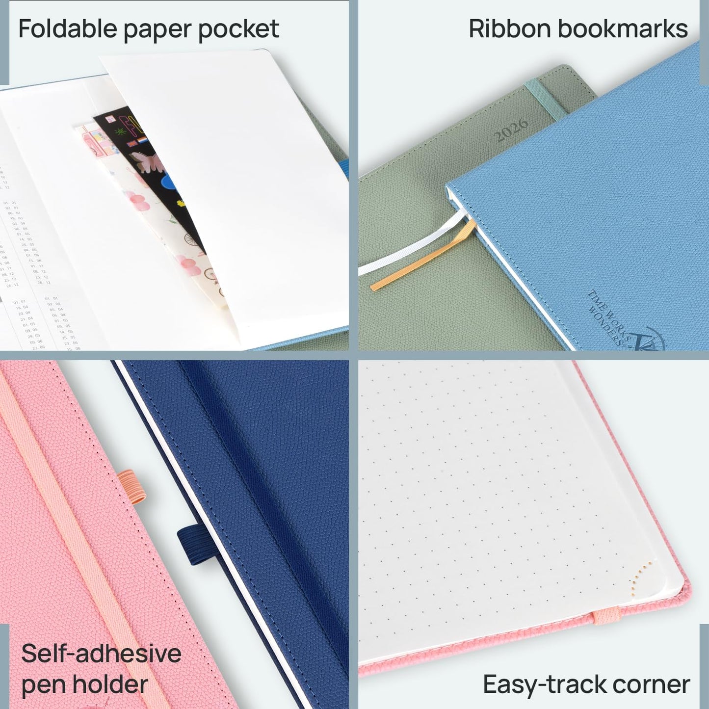 POPRUN Weekly Planner 2026 Calendar (Pocket 4'' x 6.25'') 12 Months Notebook with Horizontal Layout, Leather Hardcover, Inner Pocket, 100GSM Thick Paper, Pen Holder TJ - Navy Blue