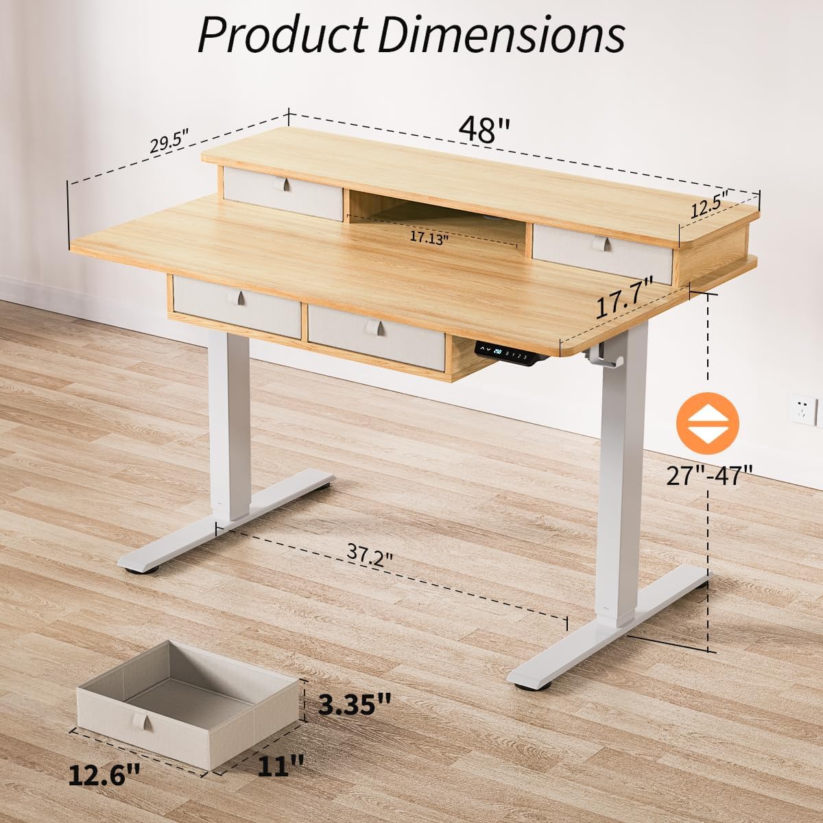 Standing Desk with Fast Charging USB Ports, 48" x 30" Height Adjustable Home Office & Gaming Desk, Sit Stand Desk with Built-in Storage Shelf, Hook & Ergonomic Design(Maple)