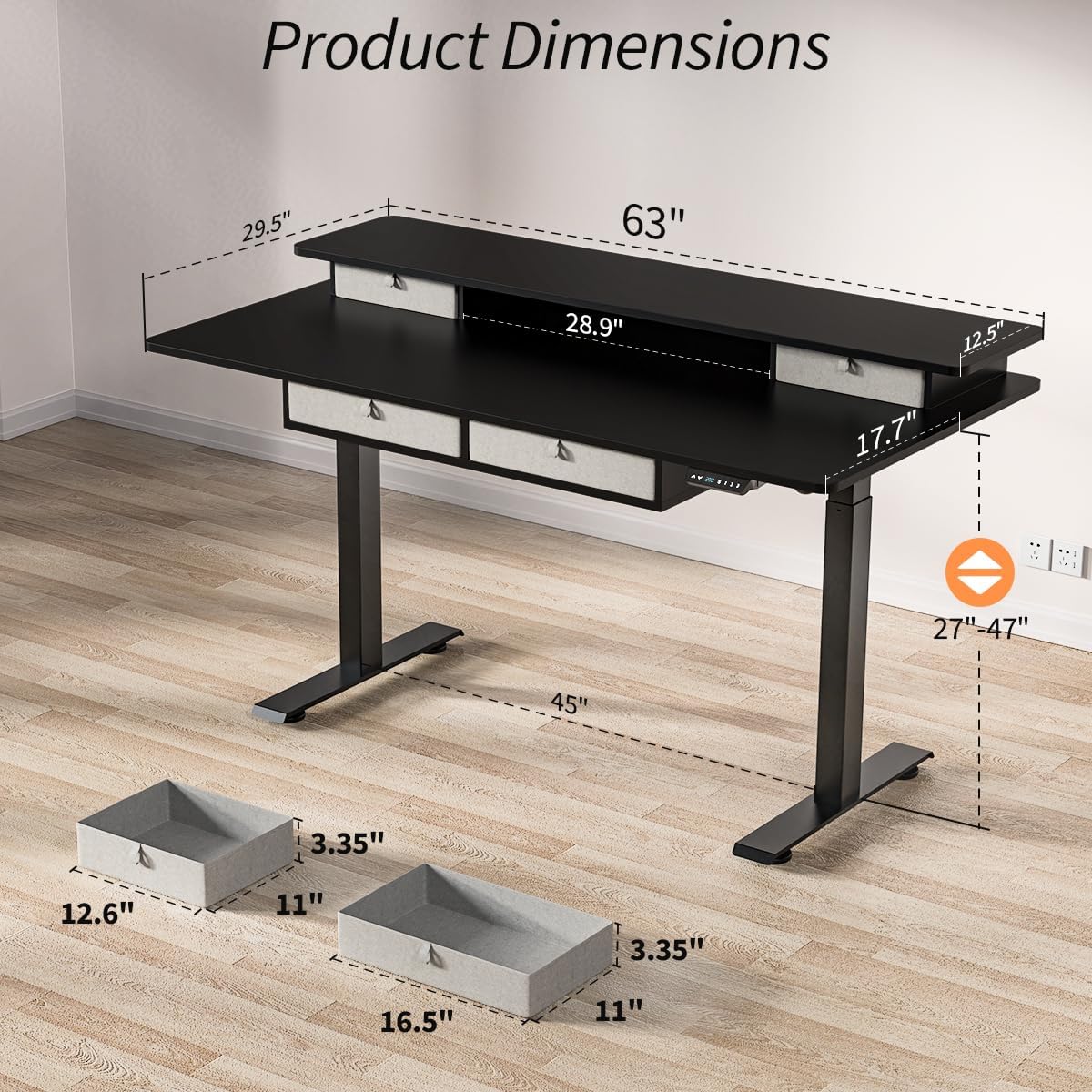 Standing Desk with Fast Charging USB Ports, 63" x 30" Height Adjustable Home Office & Gaming Desk, Sit Stand Desk with Built-in Storage Shelf, Hook & Ergonomic Design(Classic Black)