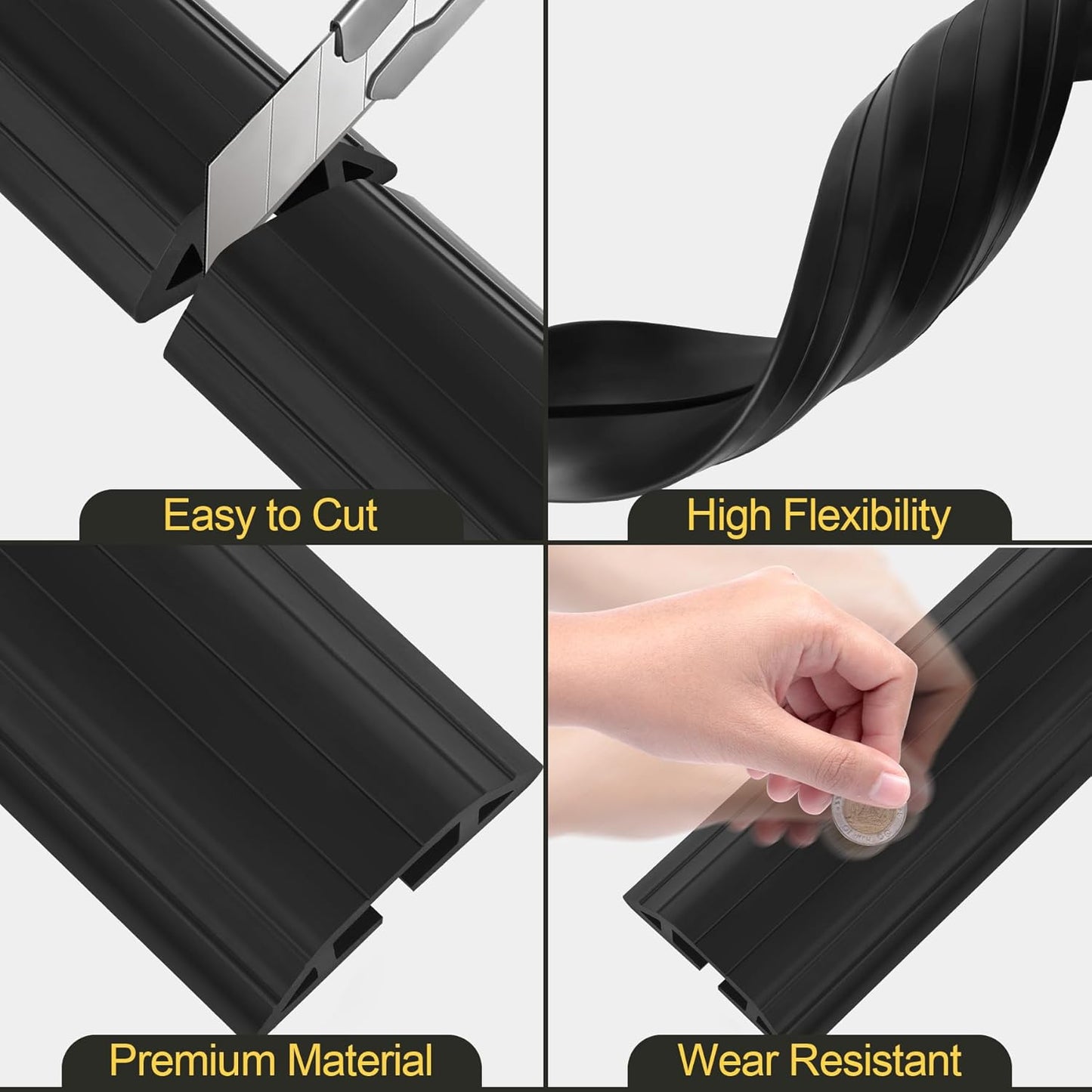 MYFAMIREA 4FT Floor Cord Cover Heavy Duty Cable Cover Protector with 3 Channels Extension PVC Floor Wire Cover Outdoor Cord Hider Management Cord Cover for Wire on Floor for Home Office Outdoor, Black