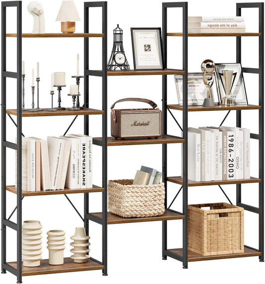 NUMENN Triple Column 4 Tier Bookshelf, Bookcase with 11 Open Display Shelves, Adjustable Rustic Industrial Style Book Shelves, Modern Bookshelves for Bedroom, Living Room and Home Office, Vintage