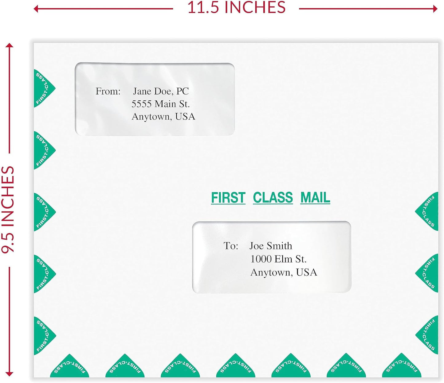 First Class Double Window Envelope | Tax Mailer, Landscape, White/Green, Moisture-Seal, 9-1/2" x 11-1/2", Pack of 50