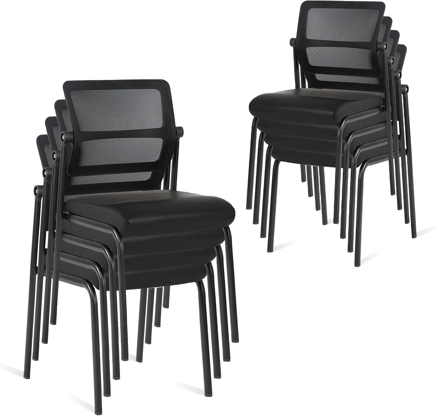 CLATINA Stackable Waiting Room Chair with Adjustable Mesh Backrest, Armless Office Guest Reception Chairs with Leather Cushion and Ergonomic Lumbar Support for Conference Lobby Side School, Black, 8PK