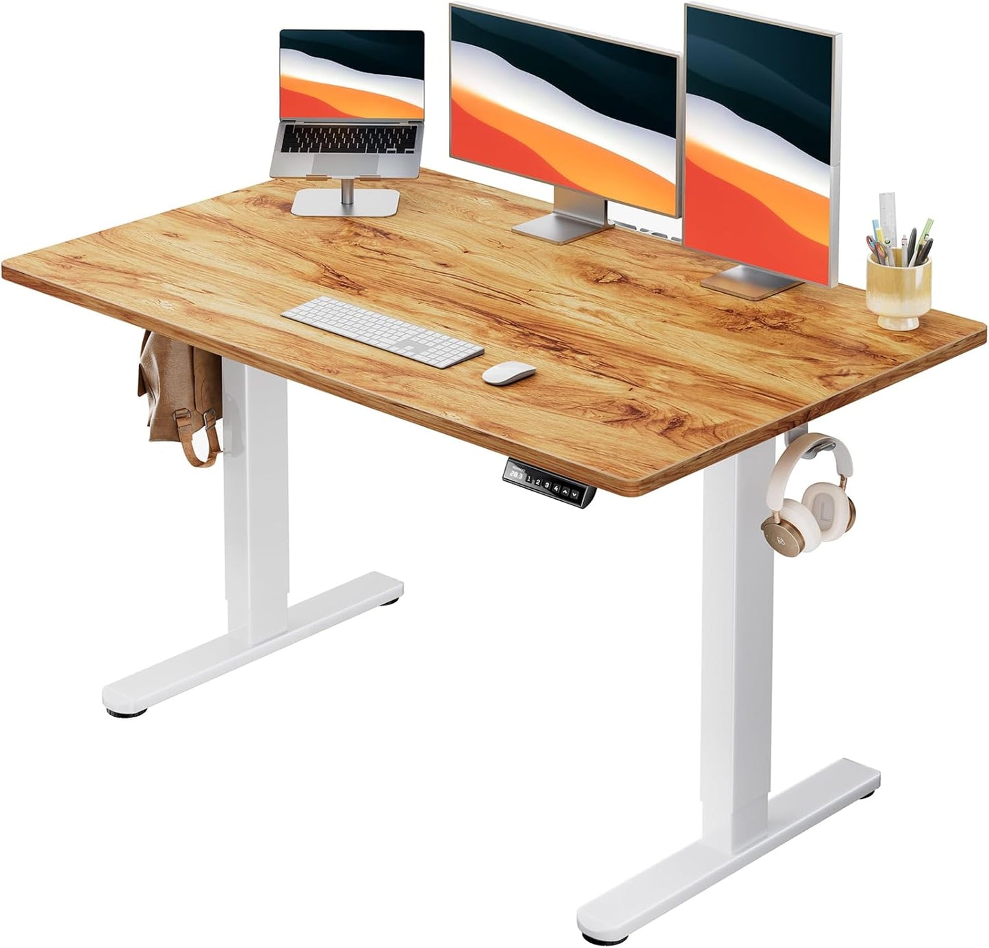 HUANUO Electric Standing Desk, 48" x 30" Whole Piece Desktop, Adjustable Height Computer Desk, 4 Height Memory Settings, Sit Stand Up Desks for Home Office, Light Vintage