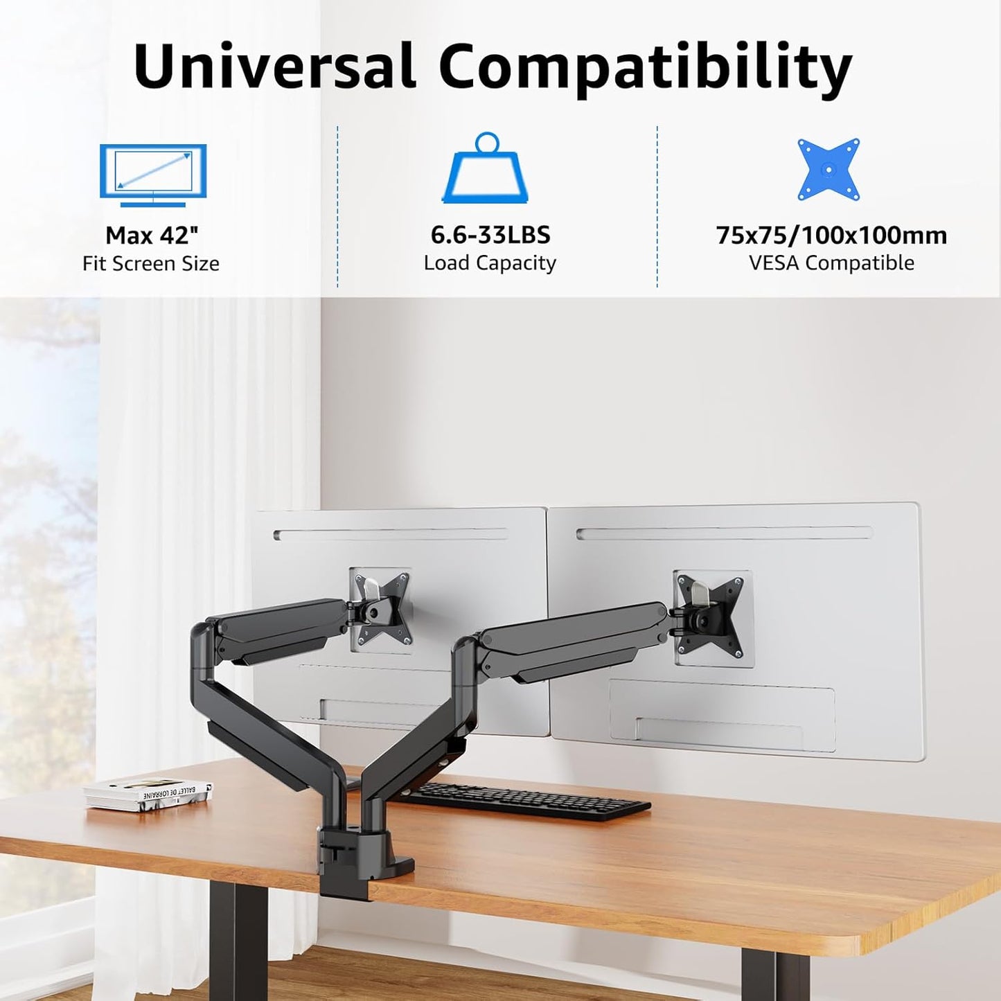 MOUNTUP Dual Monitor Mount fits 42 40 39 37 34 32 27 inch Ultrawide Screen, Holds 6.6-33lbs, Dual Monitor Arm Desk Mount, Heavy Duty Gas Spring Monitor Stand for 2 Monitors, with Clamp/Grommet Base