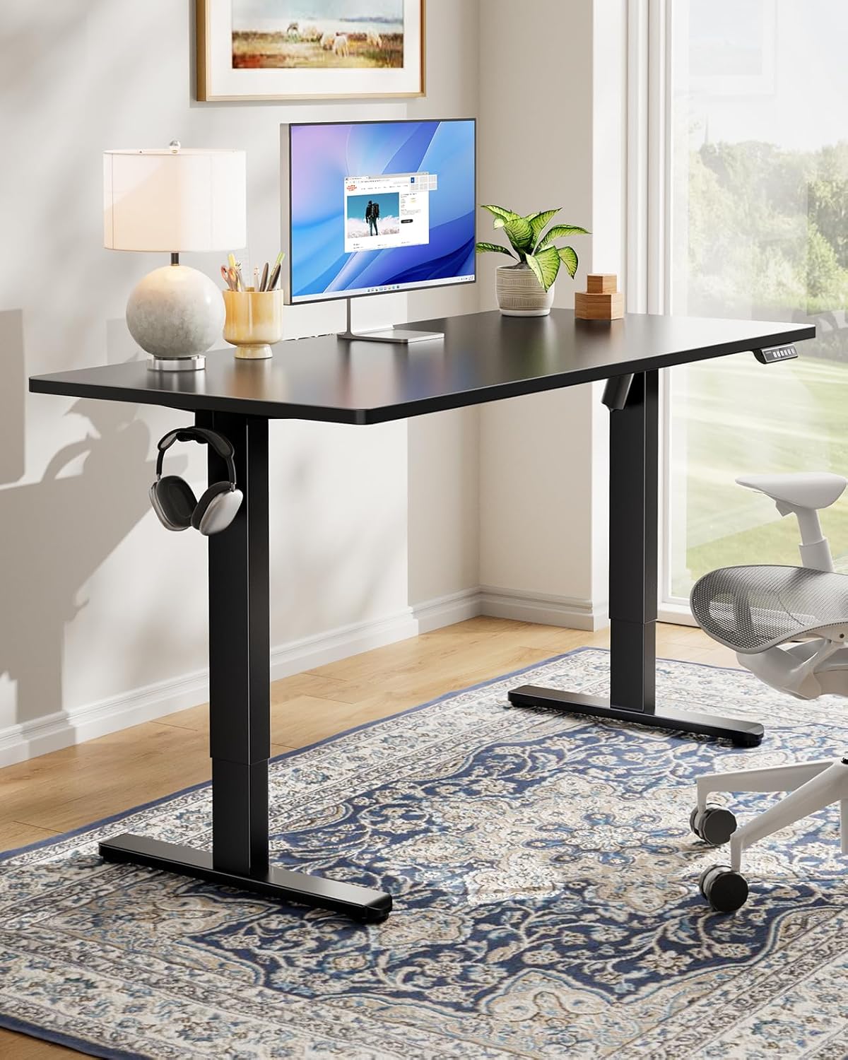 HUANUO Electric Standing Desk, 48" x 24" Whole Piece Desktop, Adjustable Height Computer Desks, 4 Height Memory Settings, Sit Stand Up Desk for Home Office, Black
