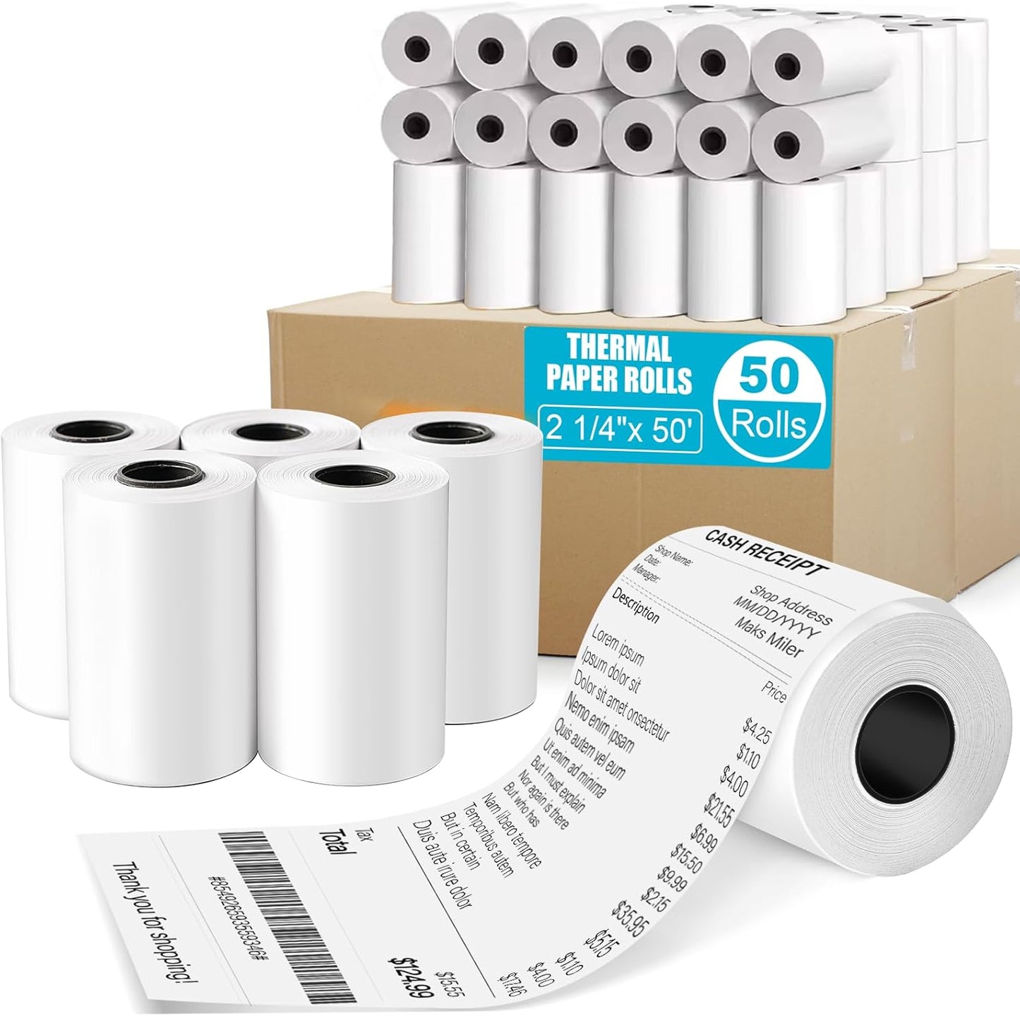 (50 Rolls) 2-1/4" x 50' Thermal Receipt Paper Rolls, BPA Free Thermal Paper Rolls 2.25 x 50 ft Cash Card Machine POS Cash Register Receipt, Thermal Printer Paper Credit Card Terminal, Square Terminal